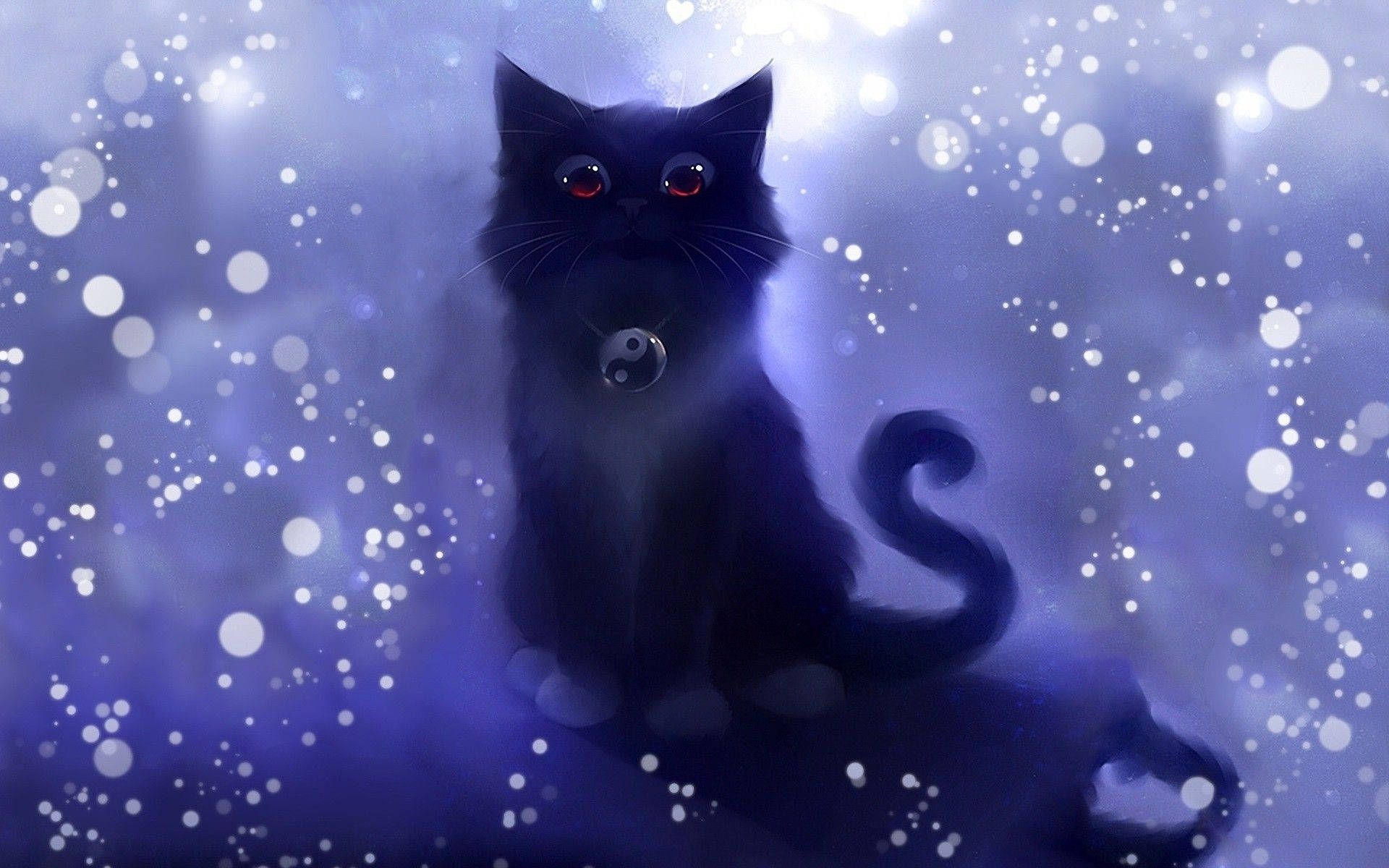 yin yang pendant, glowing red eyes, mystical black cat, Full HD Desktop Wallpaper
