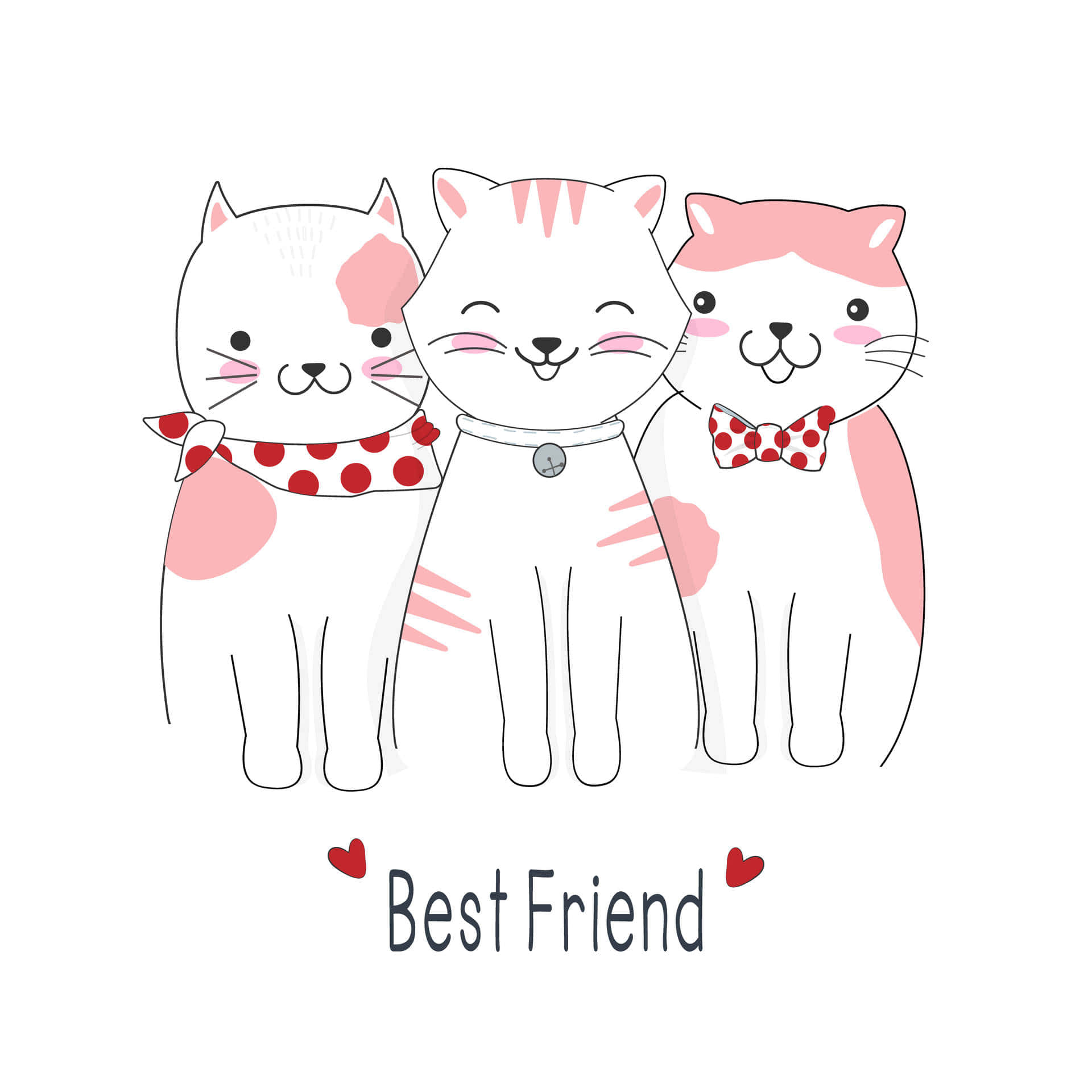 kawaii best friend, three cute cartoon cats, pink patches, Full HD Desktop Wallpaper