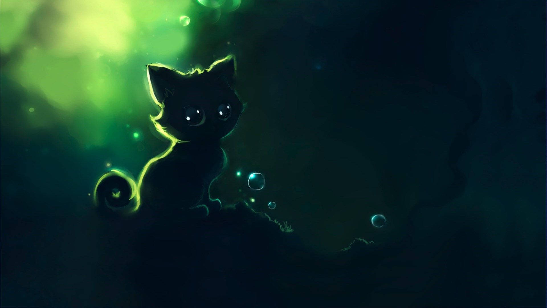 black kitten, luminous eyes, dark water, Full HD Desktop Wallpaper