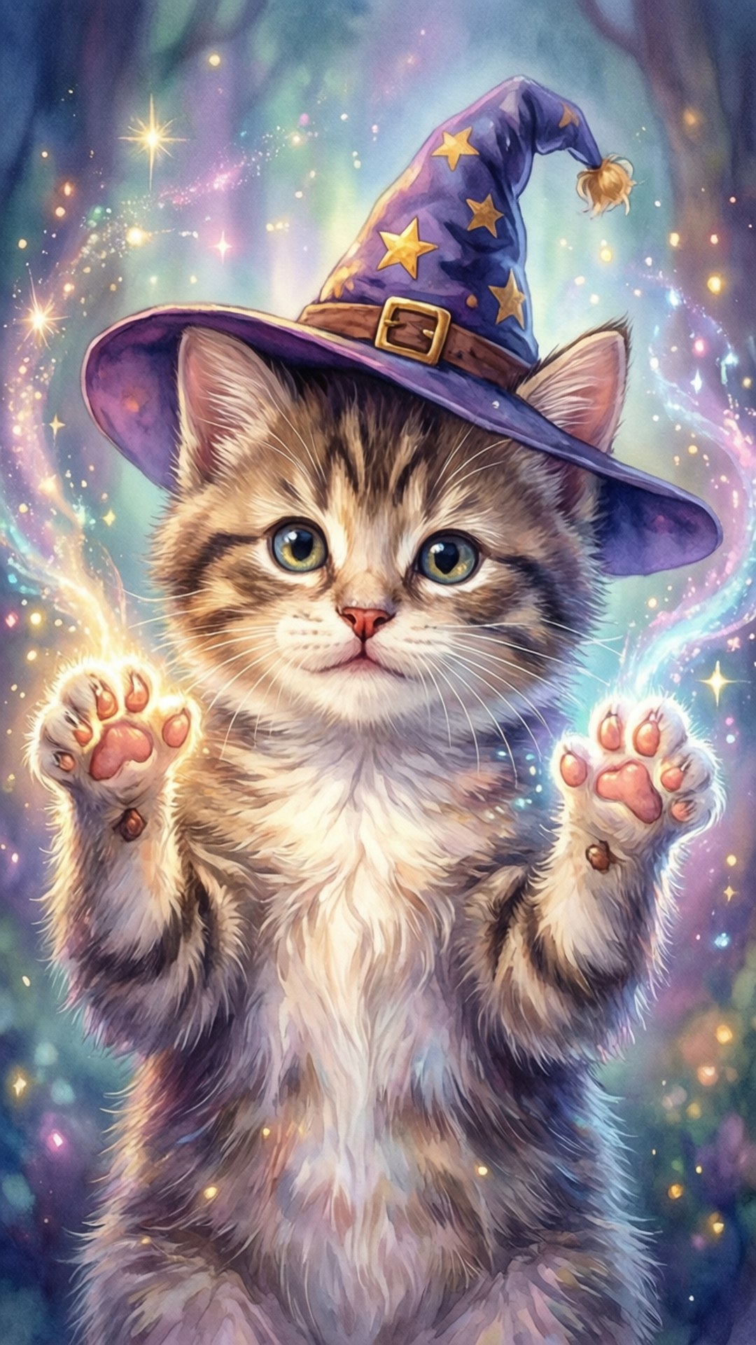 magical wizard kitten, fluffy tabby kitten, purple wizard hat with gold stars, Full HD Phone Wallpaper