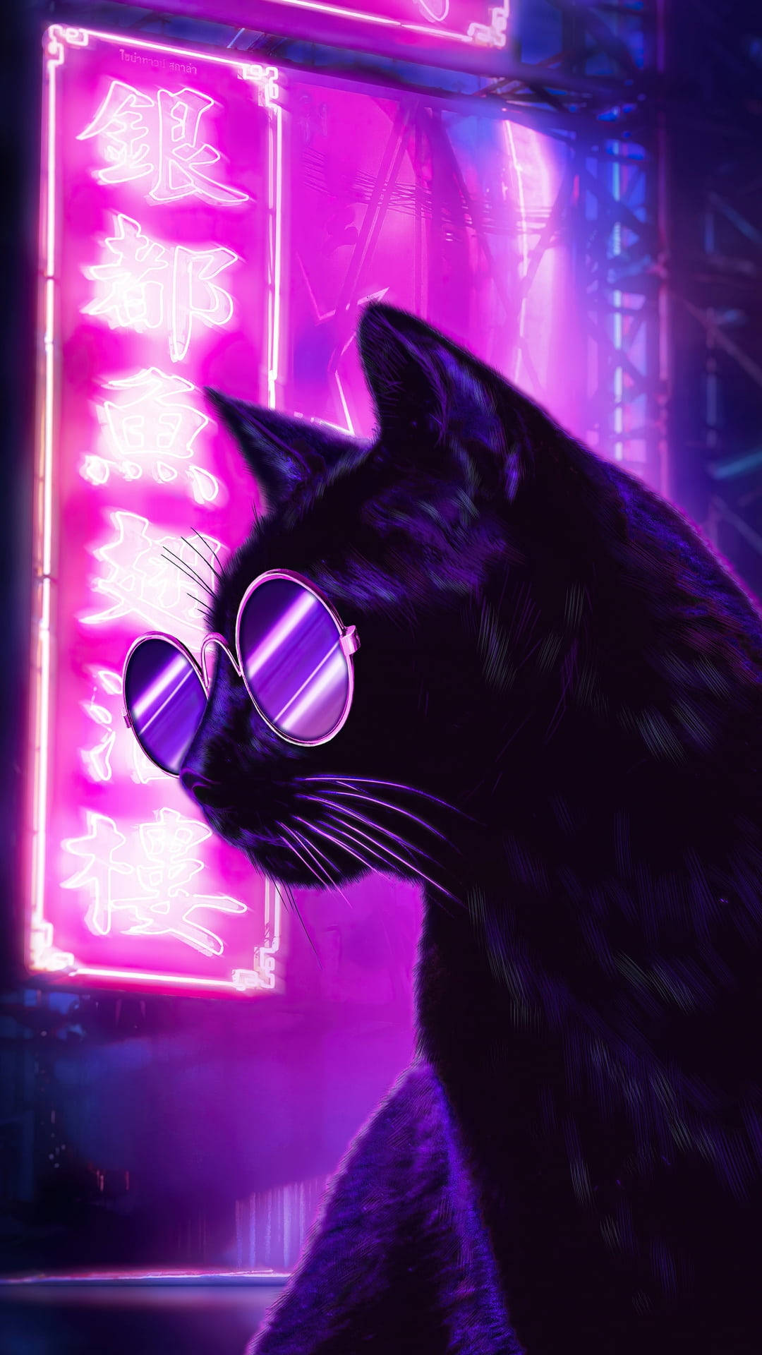 dark purple iPhone, round sunglasses, glowing pink neon sign, Full HD Phone Wallpaper