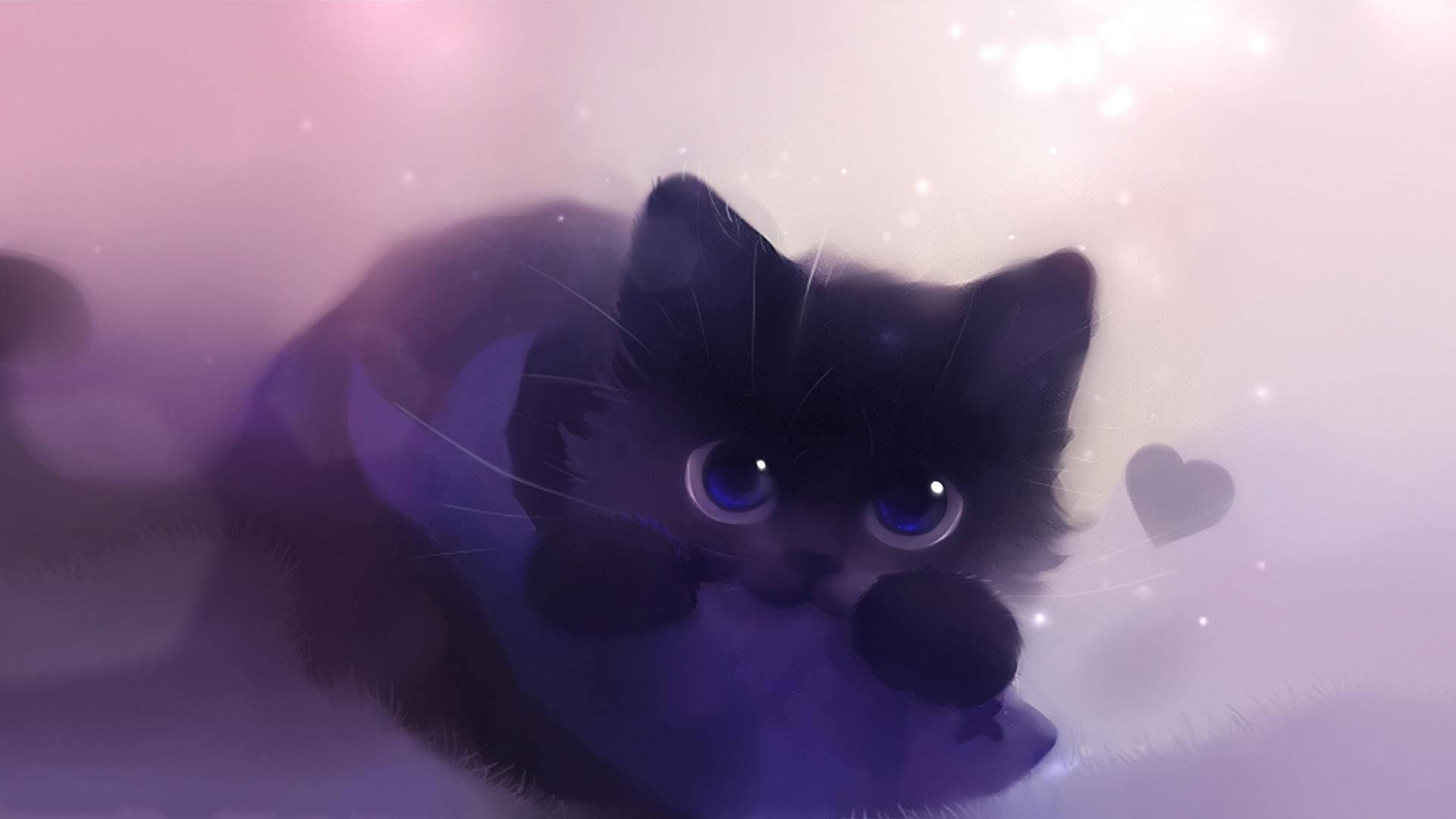 cat art, kitten, fluffy black kitten, Full HD Desktop Wallpaper