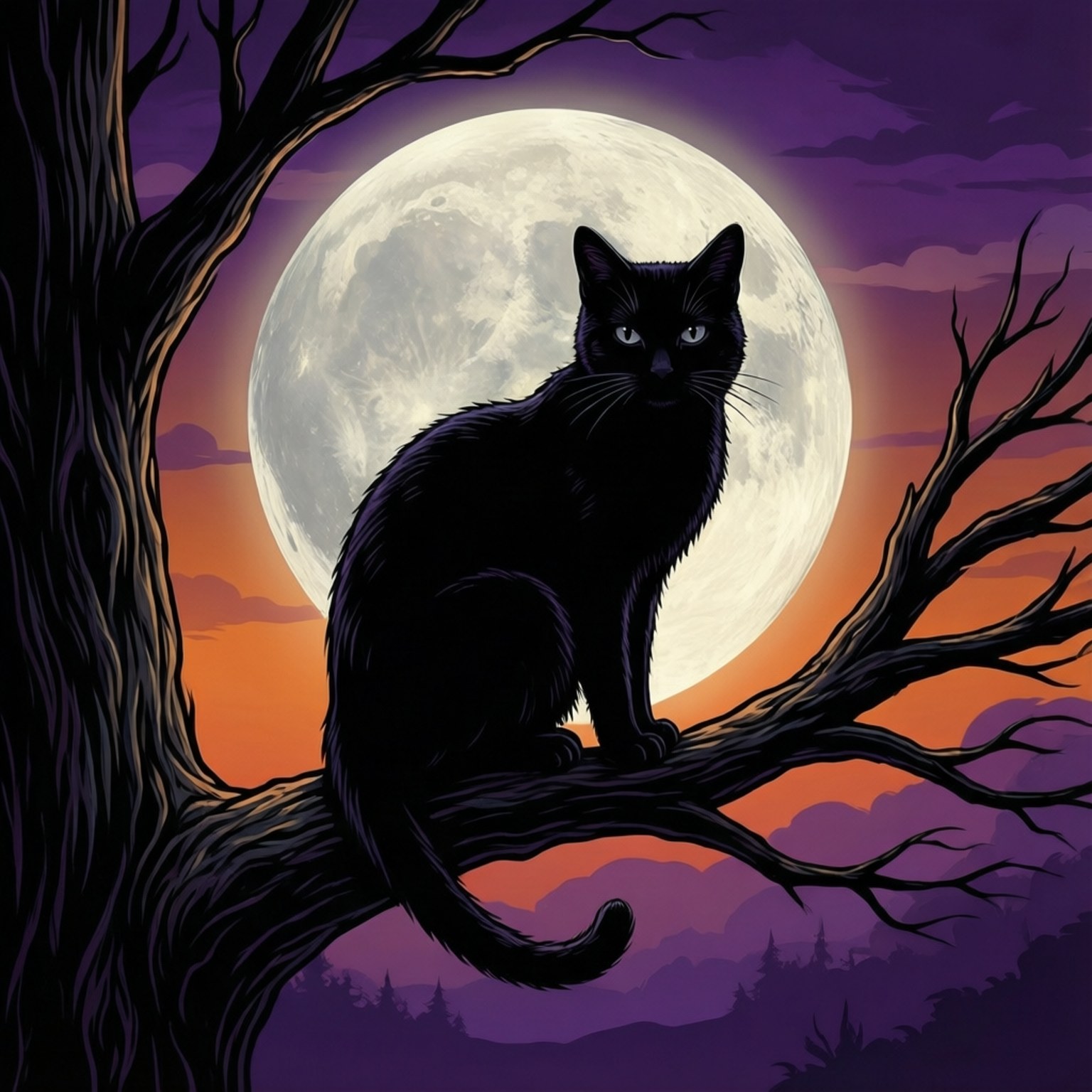 silhouette cat, full moon, purple and orange twilight skies, HD Desktop Wallpaper