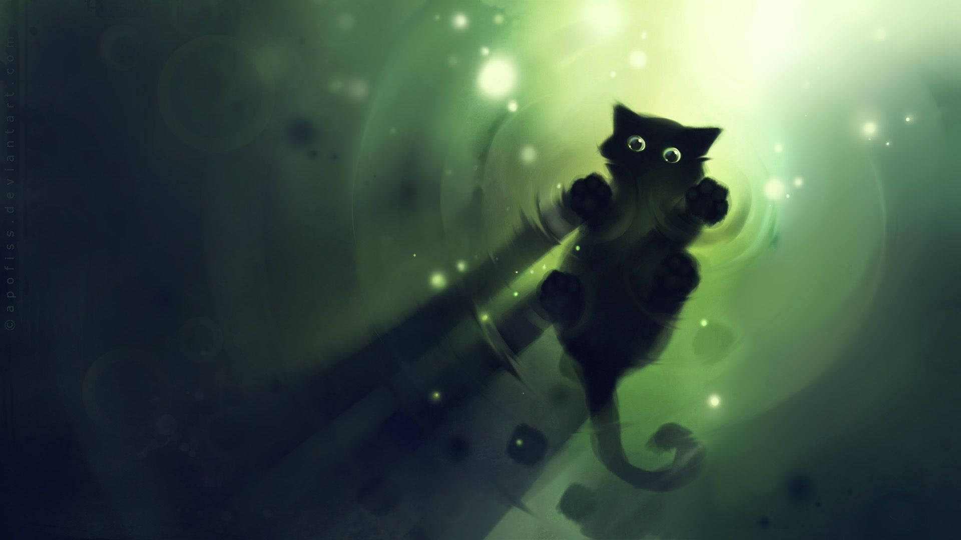 black cat silhouette, glowing green vortex, sparkling particles, Full HD Desktop Wallpaper