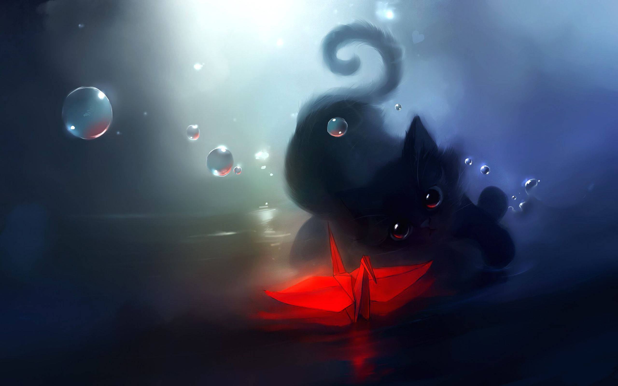 cat art, red paper crane, black cat, 2K Desktop Wallpaper