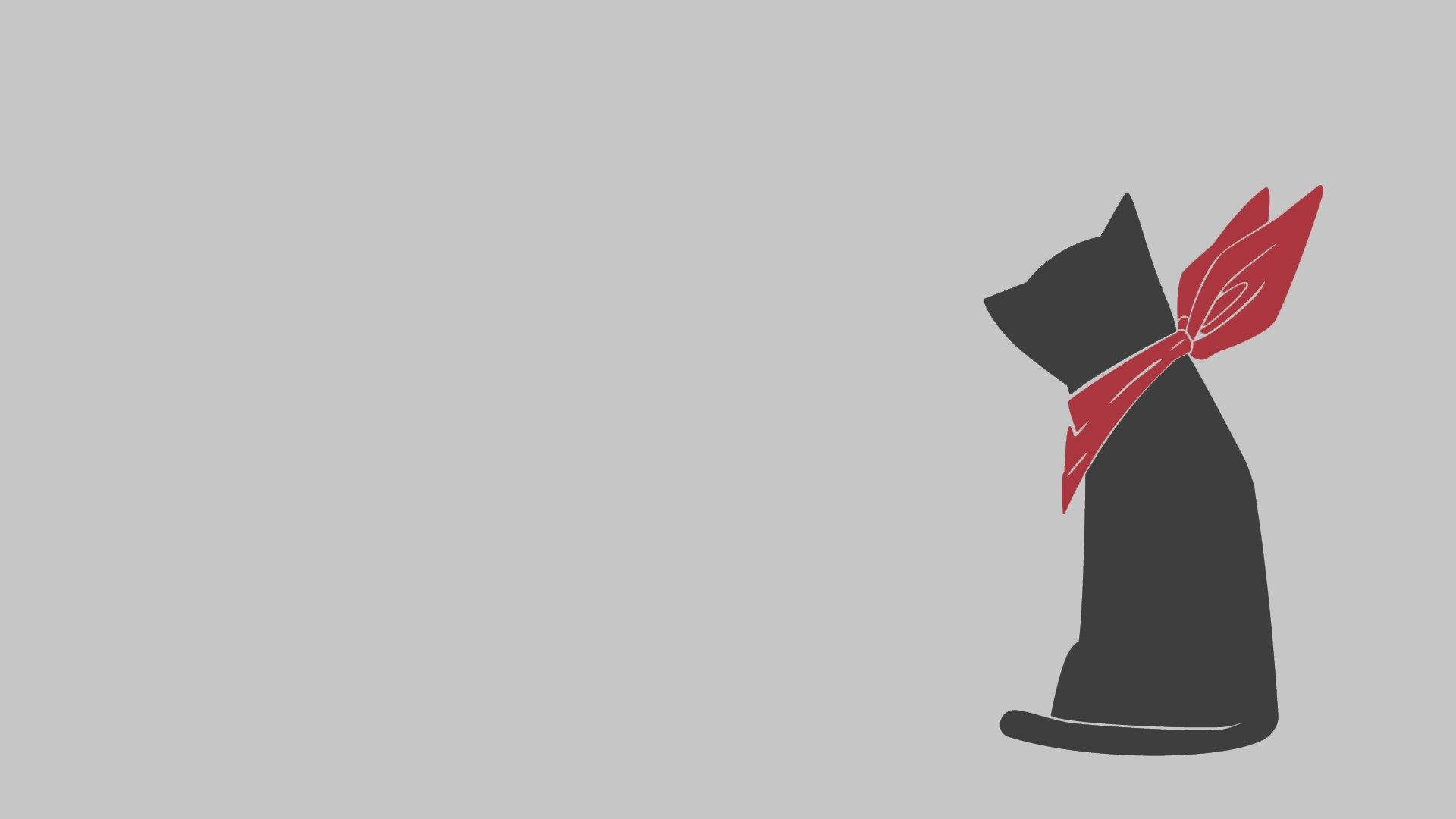 minimalist black cat silhouette, red bow, plain gray background, Full HD Desktop Wallpaper