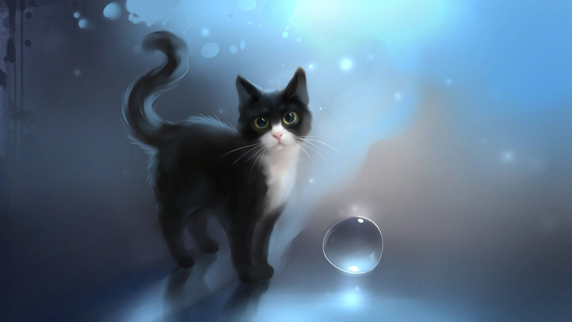 crystal bubbles, black and white cat, glowing eyes, Full HD Desktop Wallpaper