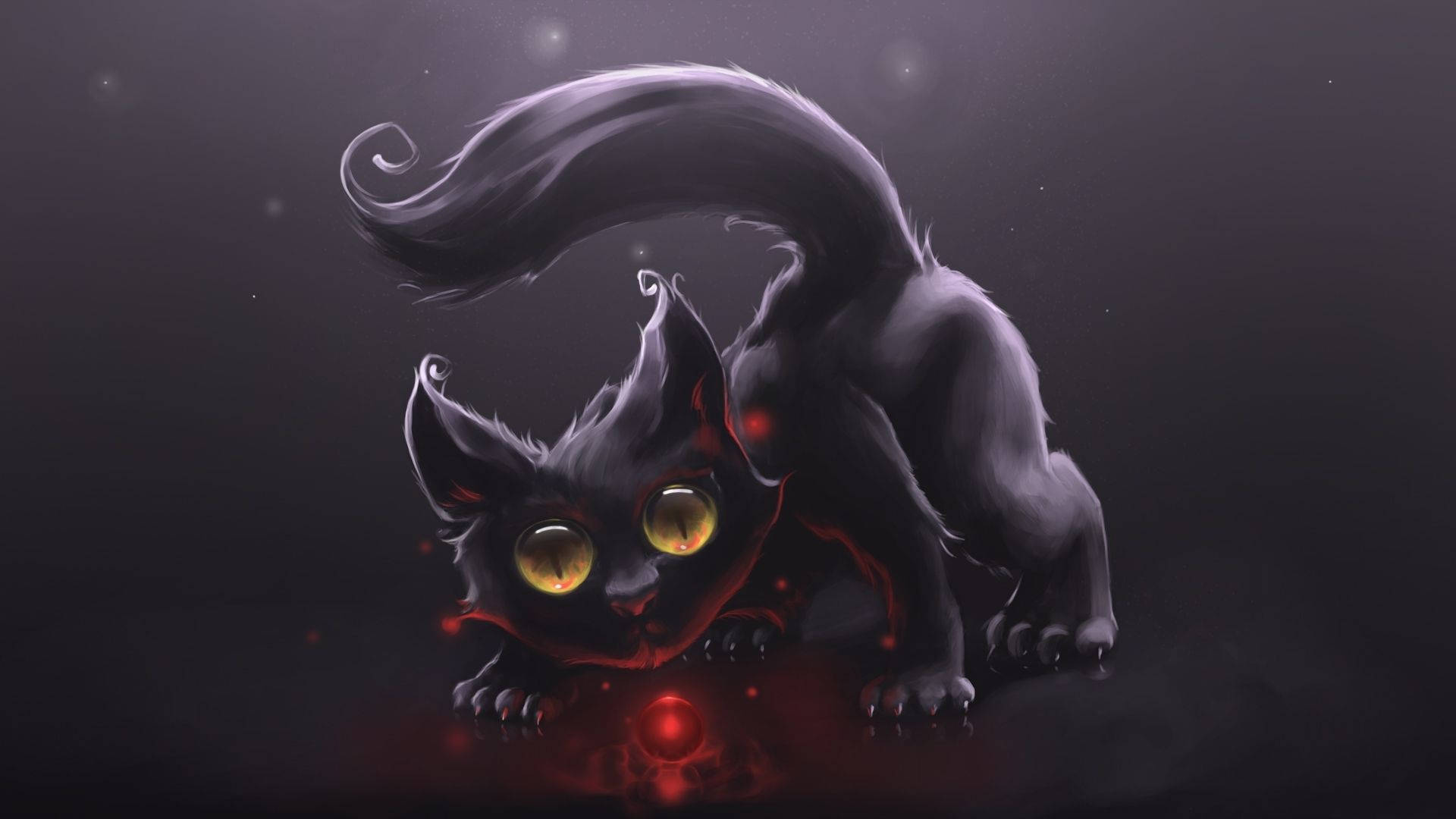 cat art, long fluffy tail, glowing yellow eyes, Full HD Desktop Wallpaper