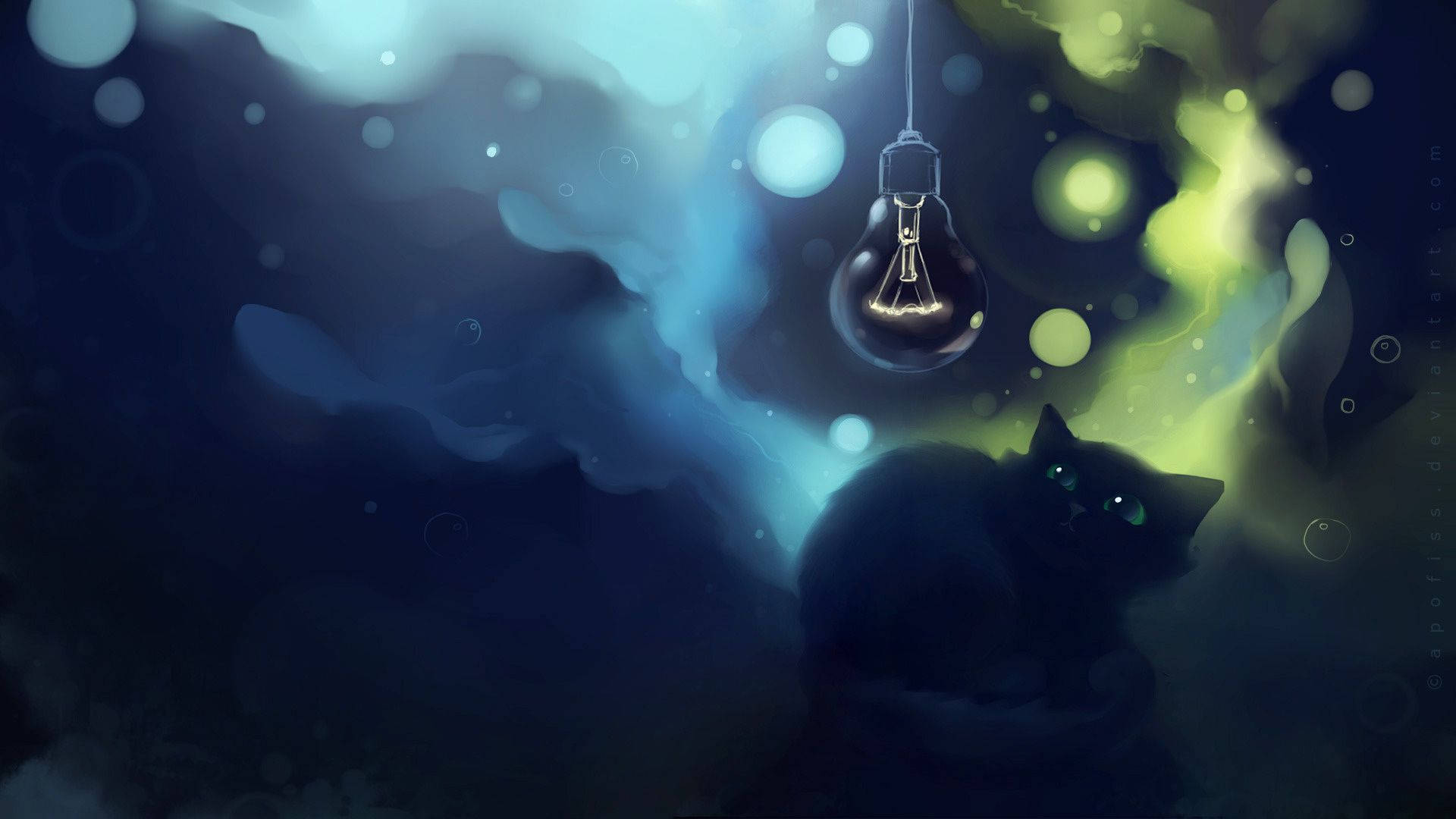 black cat, glowing eyes, hanging lightbulb, Full HD Desktop Wallpaper