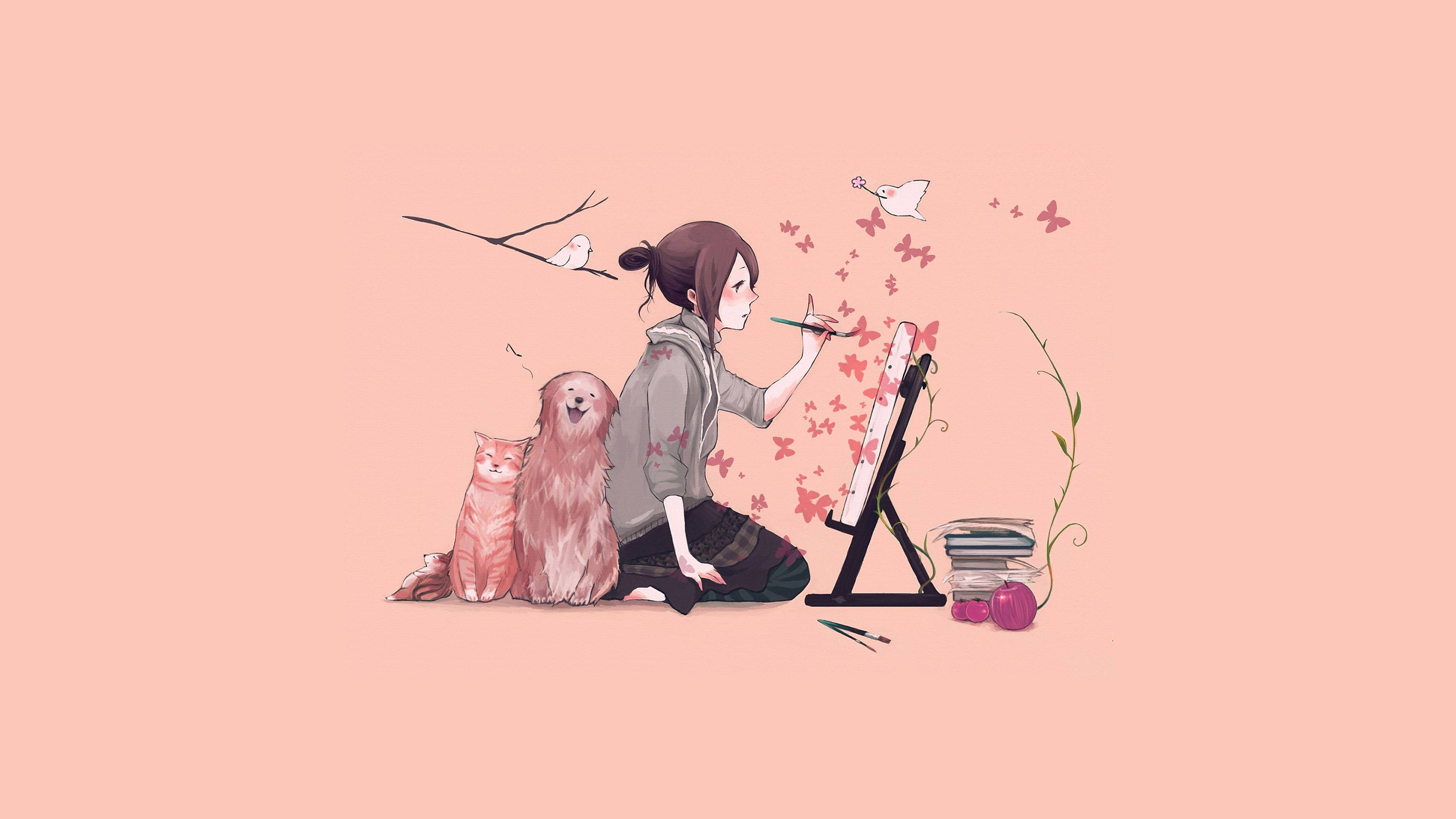 cat computer, peach background, butterflies, 4K Desktop Wallpaper