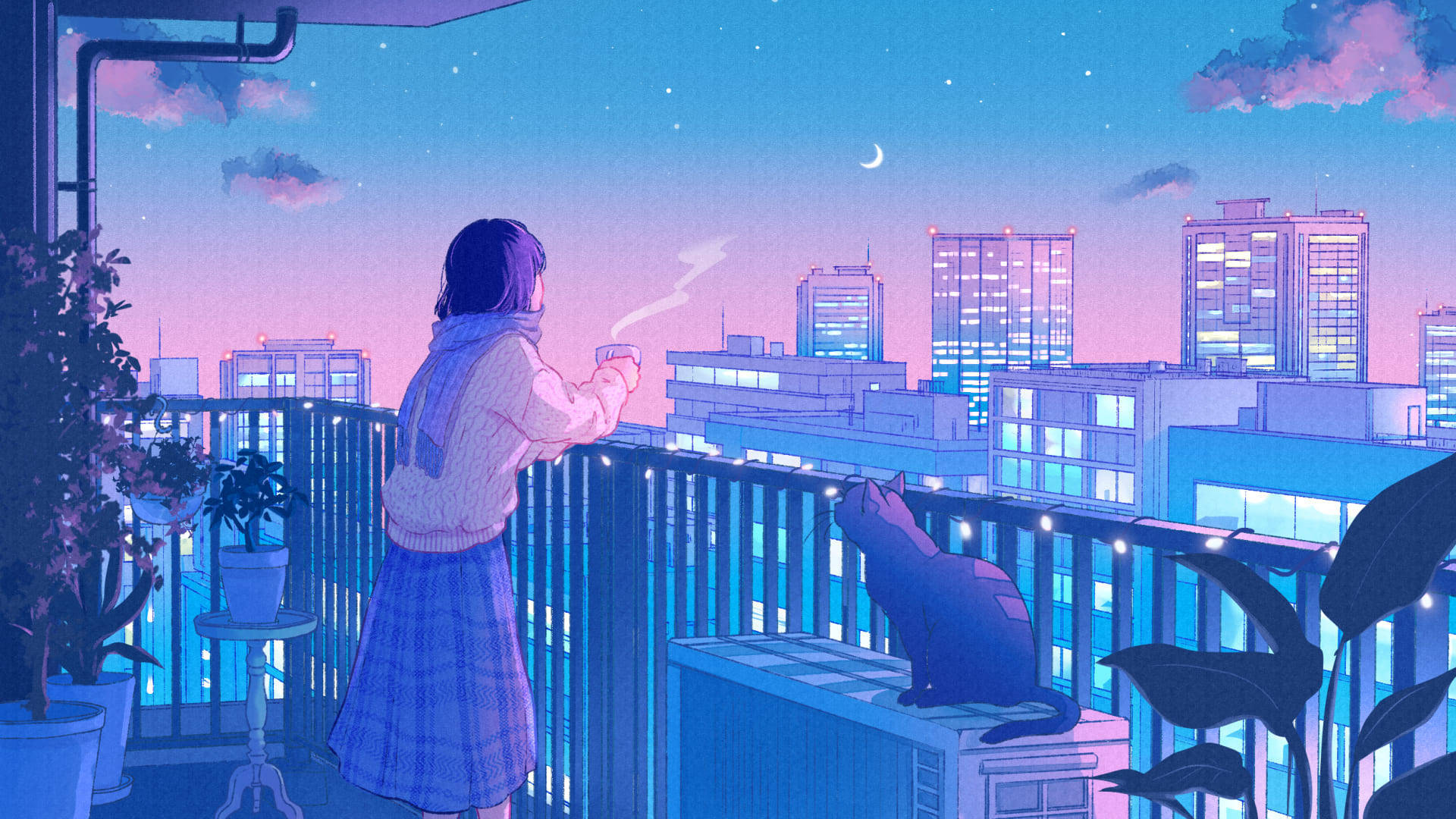 cat computer aesthetic, glowing cityscape, twilight, Full HD Desktop Wallpaper