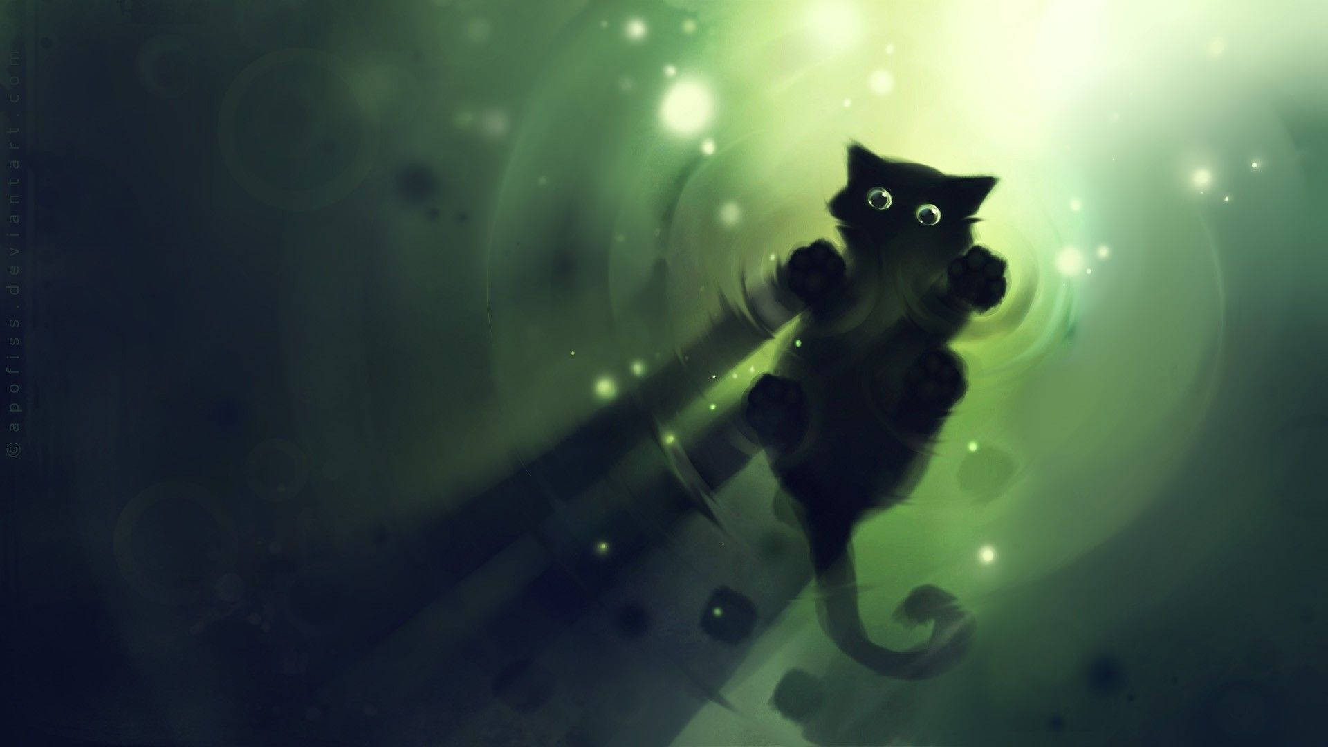 Cat Computer, black cat silhouette, glowing green tunnel, Full HD Desktop Wallpaper