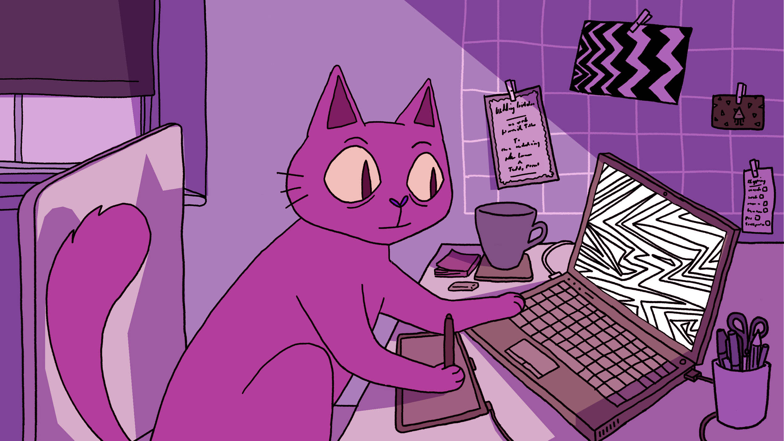 purple cat computer, purple cartoon cat, graphics tablet, Full HD Desktop Wallpaper
