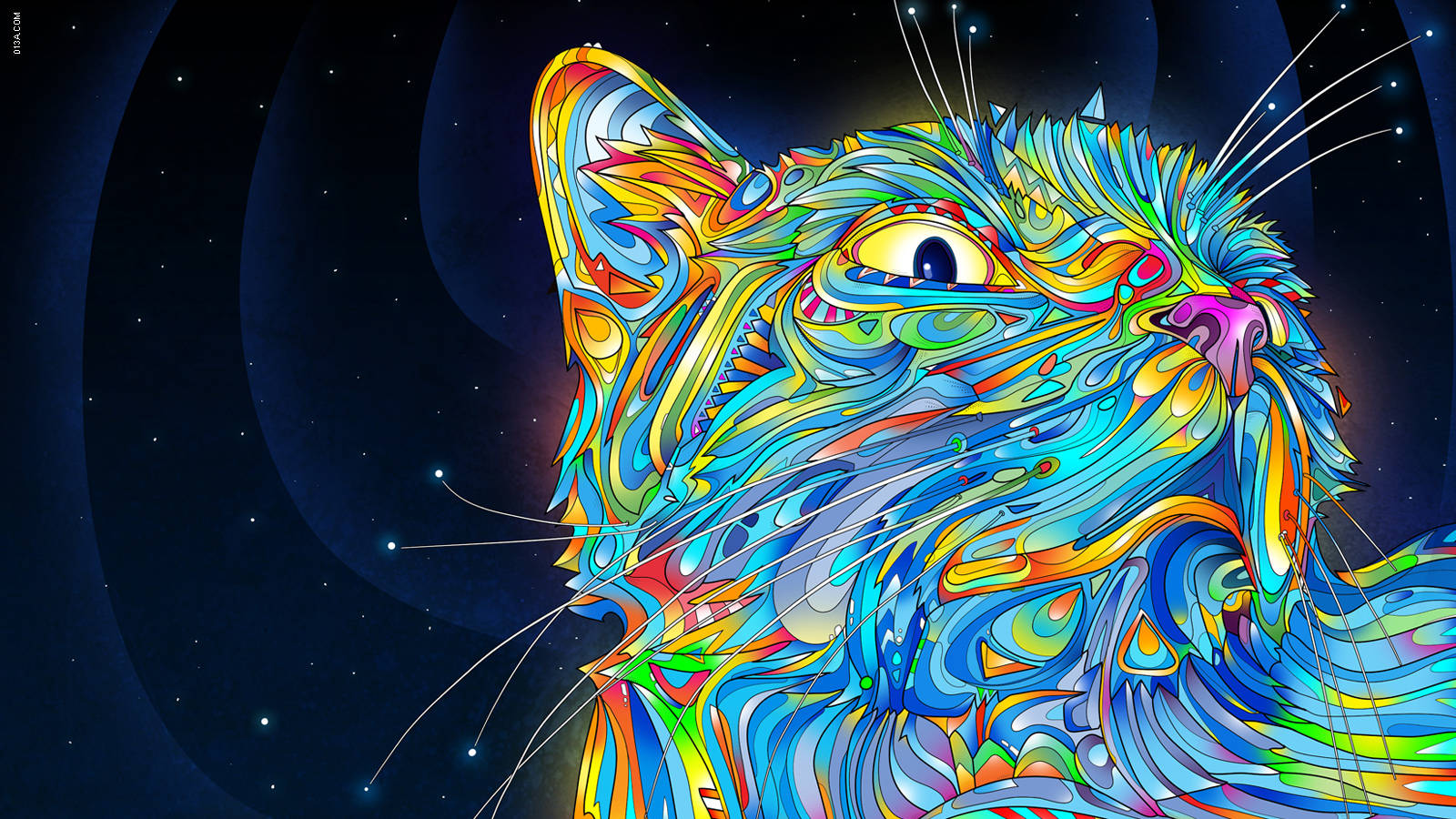 multicolor cat, swirling rainbow patterns, starry cosmic backdrop, HD Desktop Wallpaper