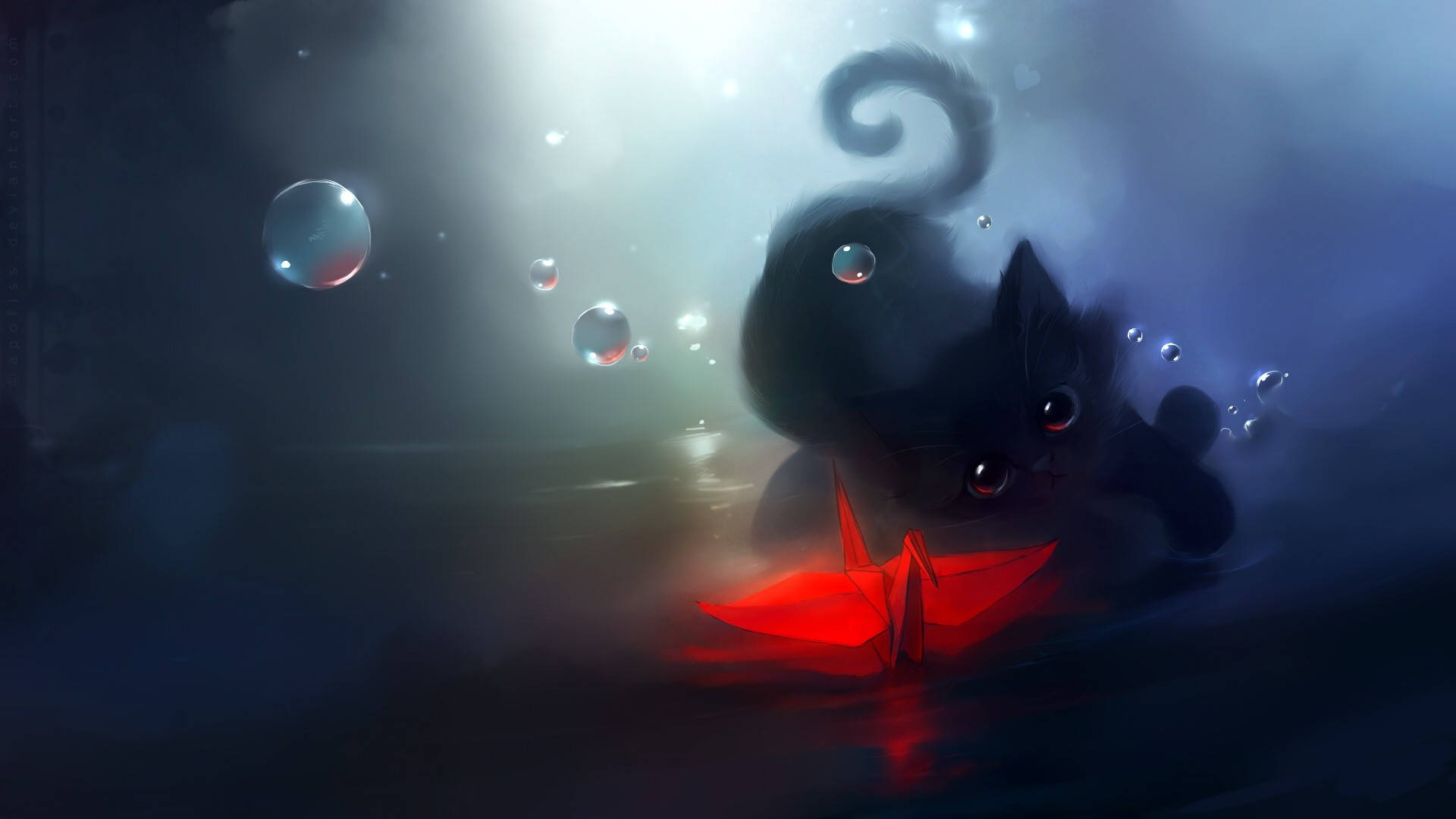 Cat Computer, swan origami, black cat, Full HD Desktop Wallpaper