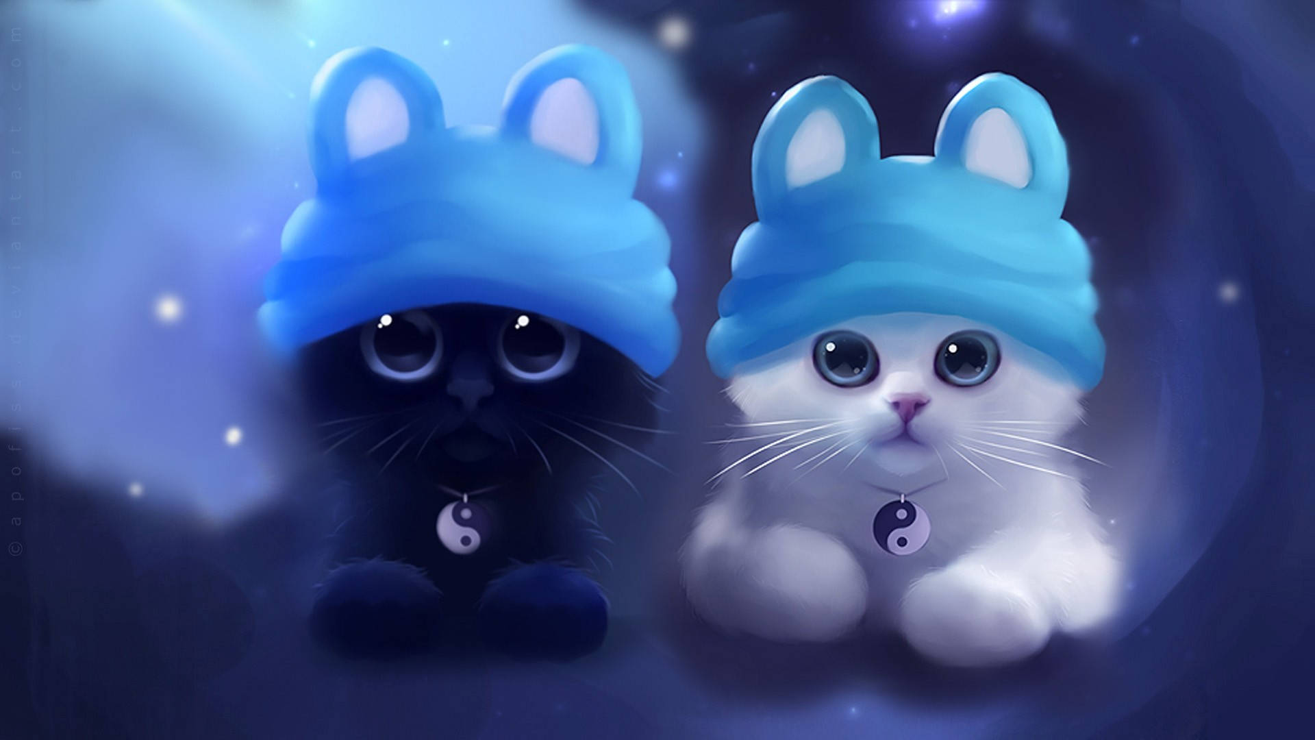 Cat Computer, black and white kittens, blue bunny hats, Full HD Desktop Wallpaper