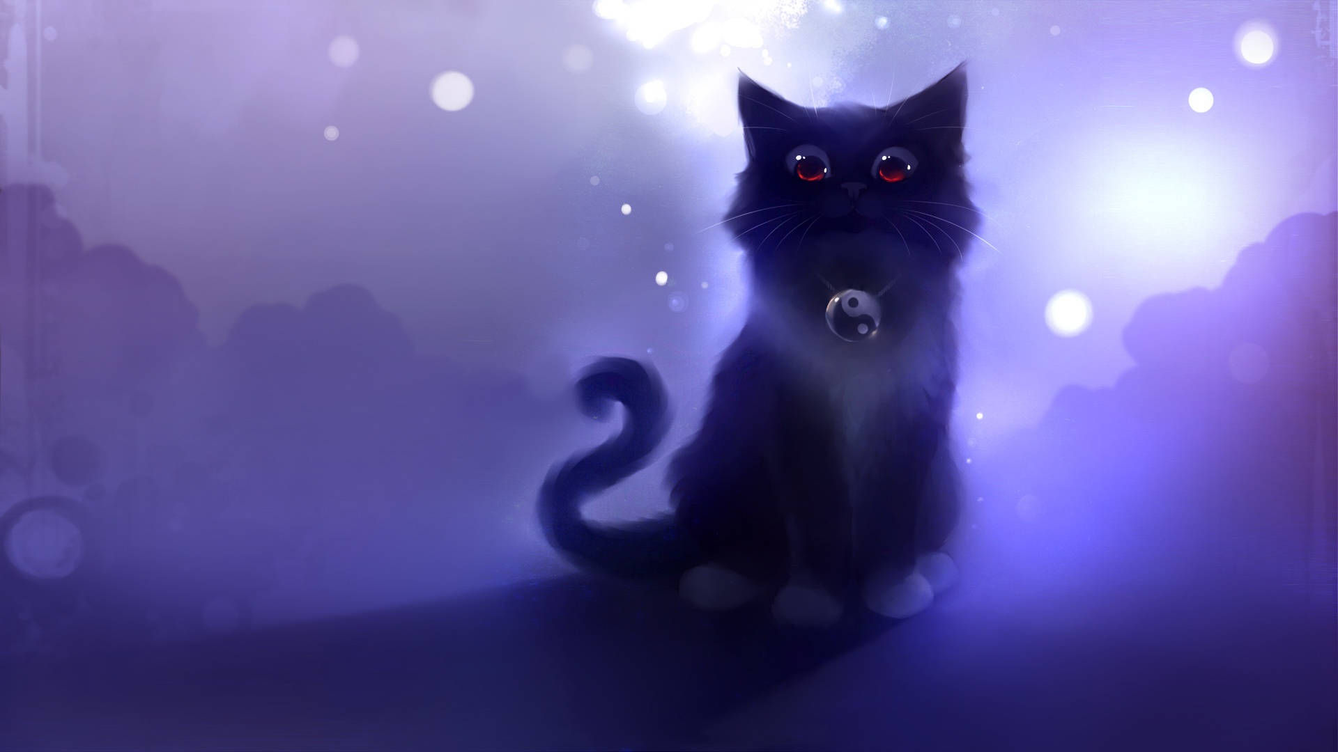 Fluffy Black Cat Computer, glowing red eyes, yin yang collar, Full HD Desktop Wallpaper