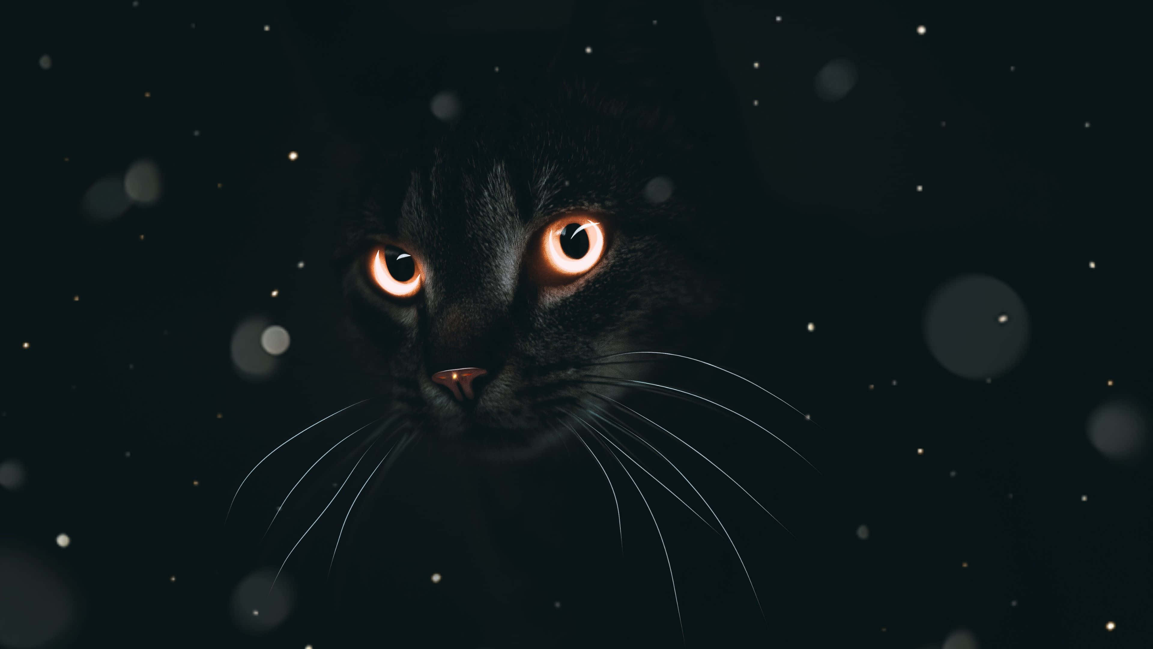 black cat, glowing orange eyes, darkness, 4K Desktop Wallpaper