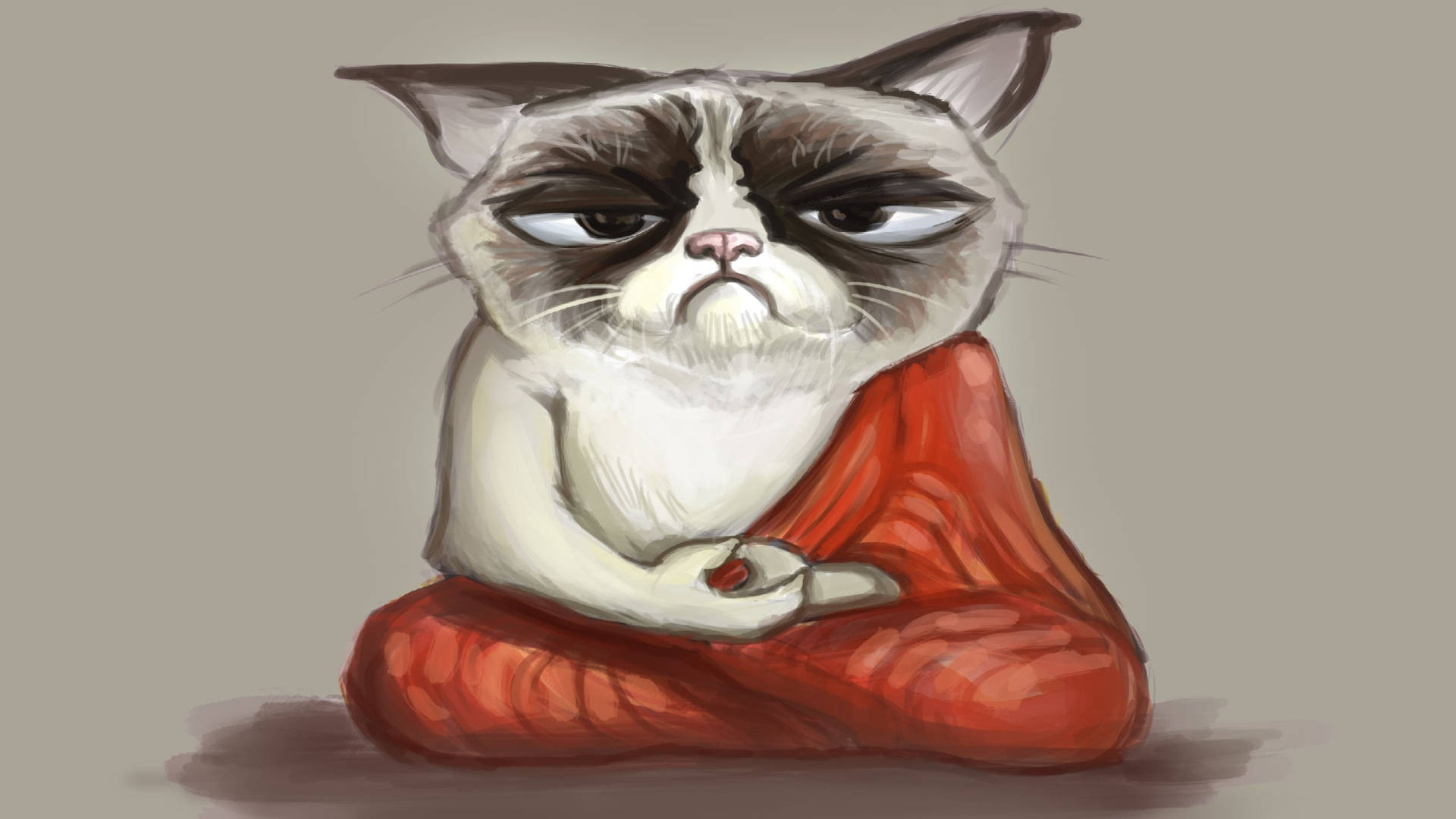 grumpy grey cat, red robe, muted gray background, Full HD Desktop Wallpaper