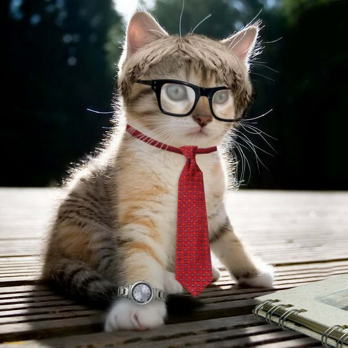 tabby cat, glasses, red tie, SD Desktop Wallpaper