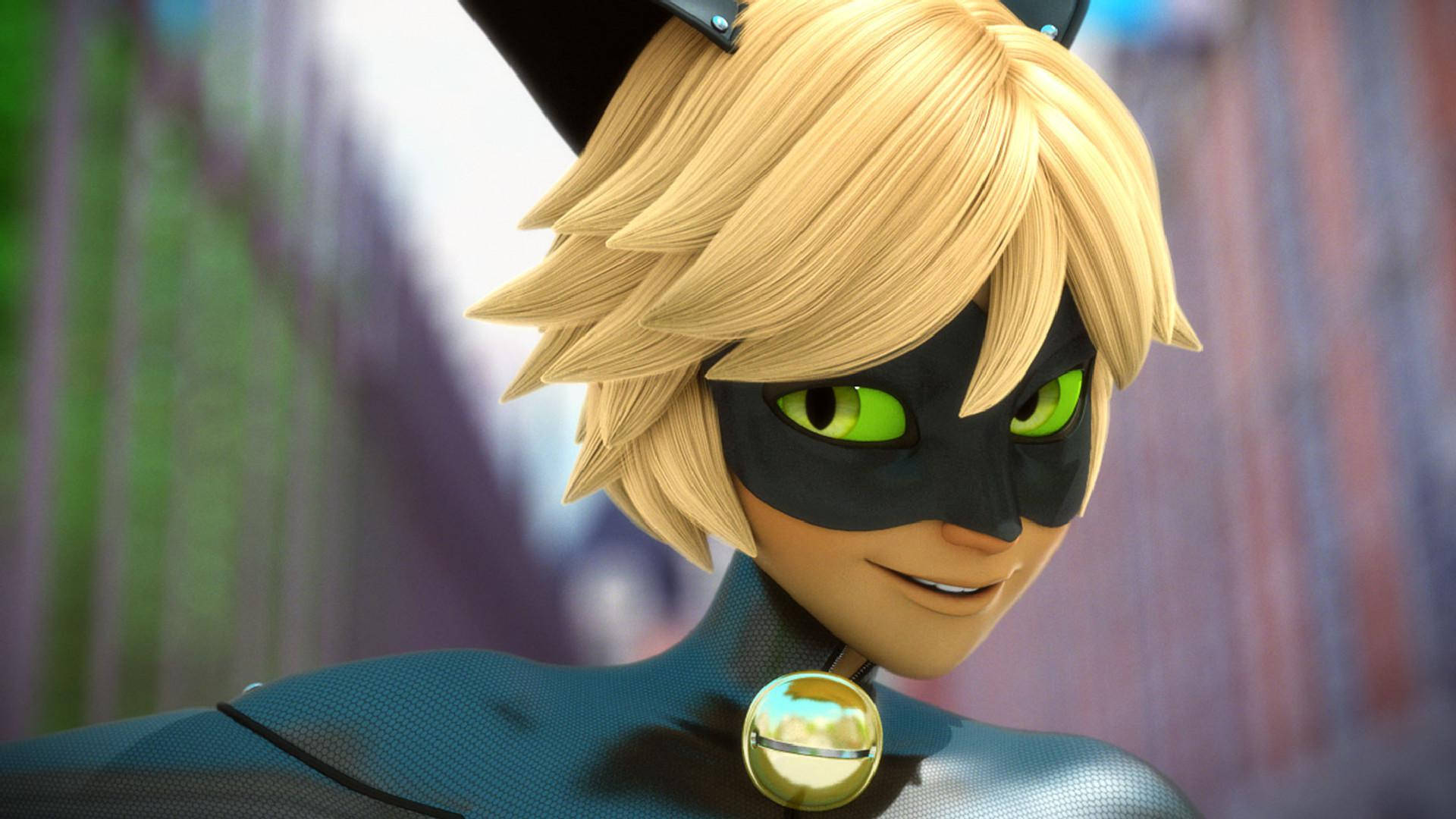 Cat Noir, black cat mask, glowing green eyes, Full HD Desktop Wallpaper