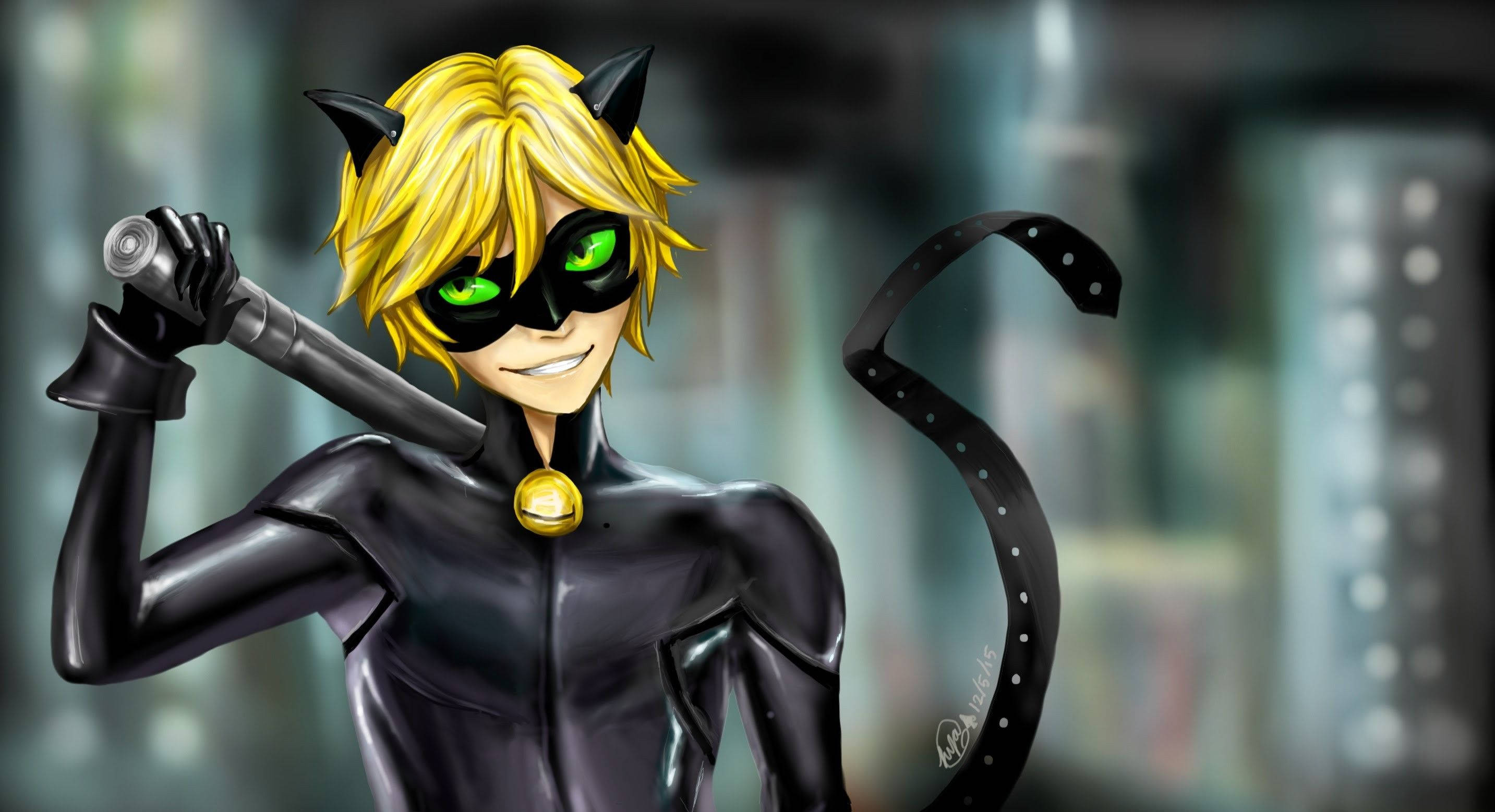 Cat Noir, glowing green eyes, black suit, 2K Desktop Wallpaper