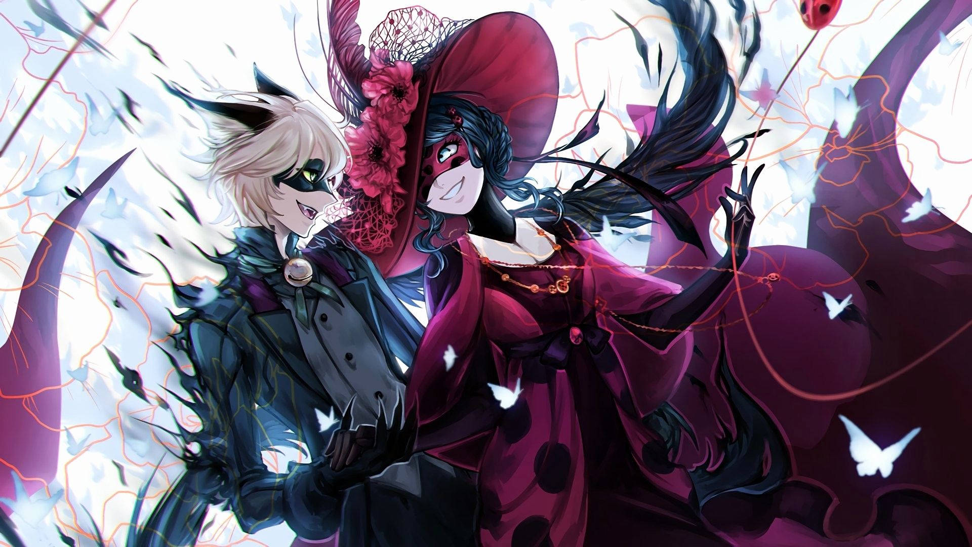 Cat Noir, red accents, butterfly motifs, Full HD Desktop Wallpaper