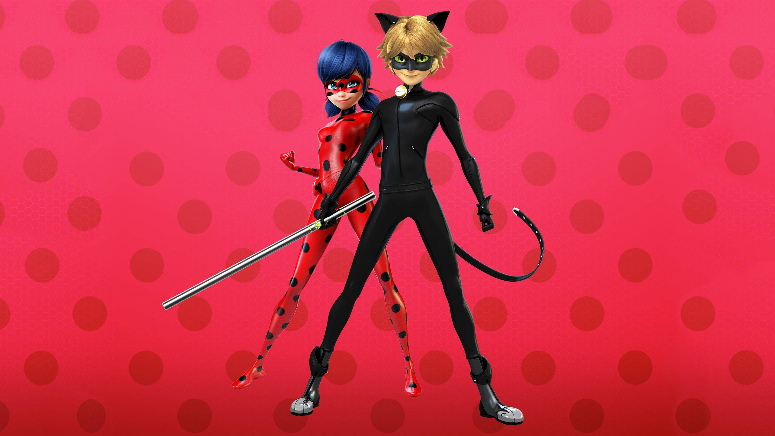 Cat Noir, red and black spotted suits, vibrant pink polka dot background, 2K Desktop Wallpaper