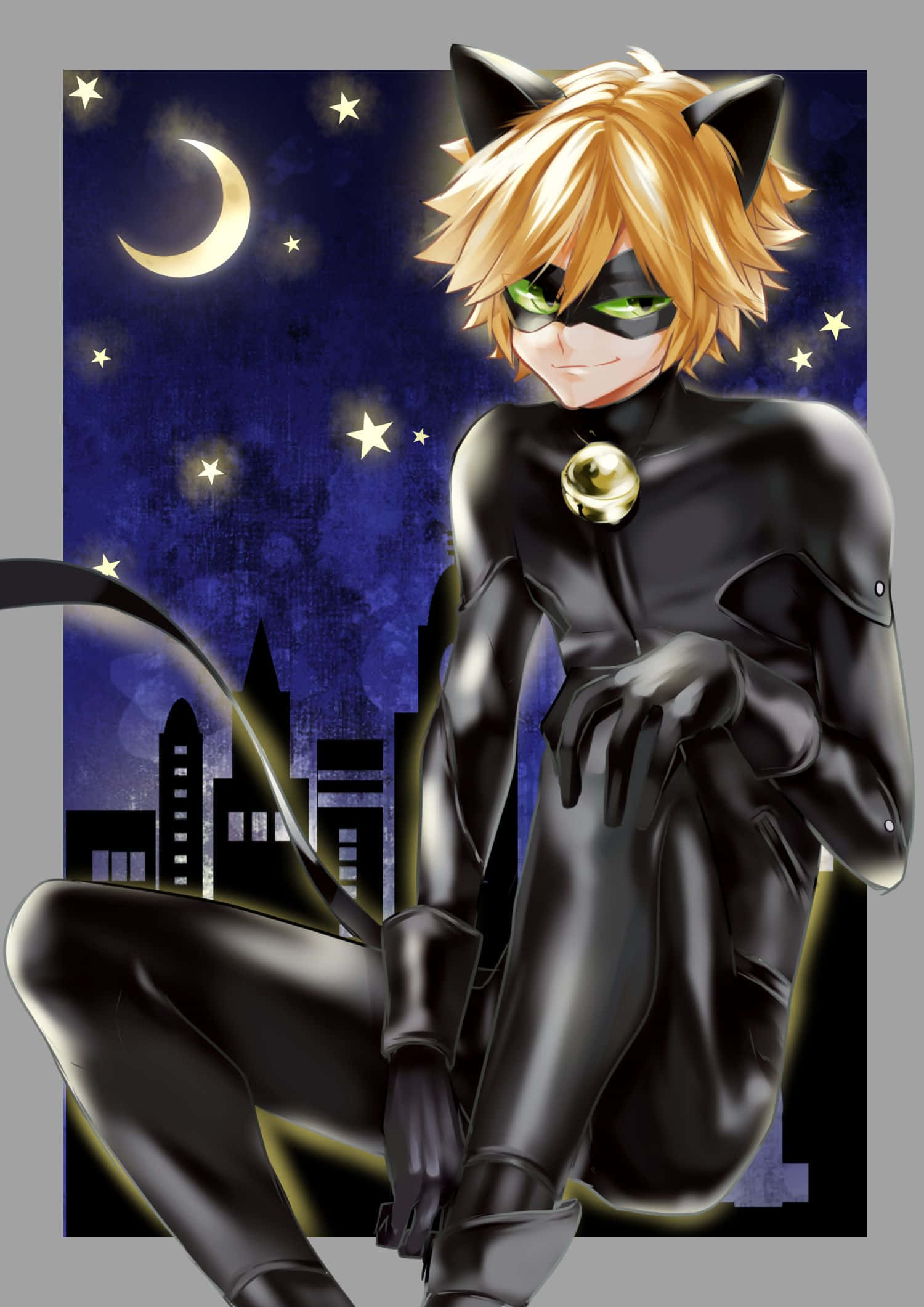 Cat Noir, black suit, glowing green eyes, Full HD Phone Wallpaper