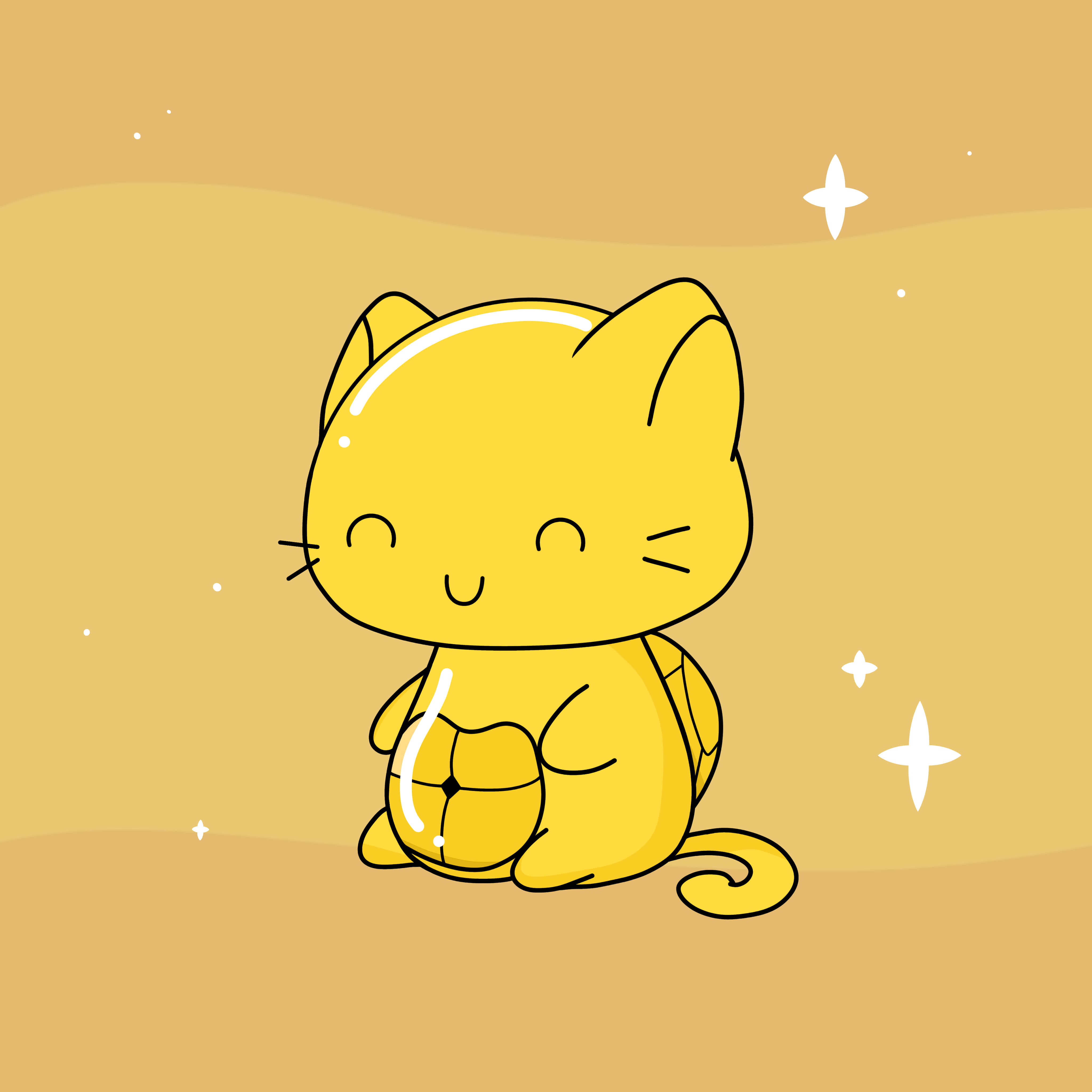 golden cartoon cute cat, yellow cartoon cat, smiling face, 4K Desktop Wallpaper