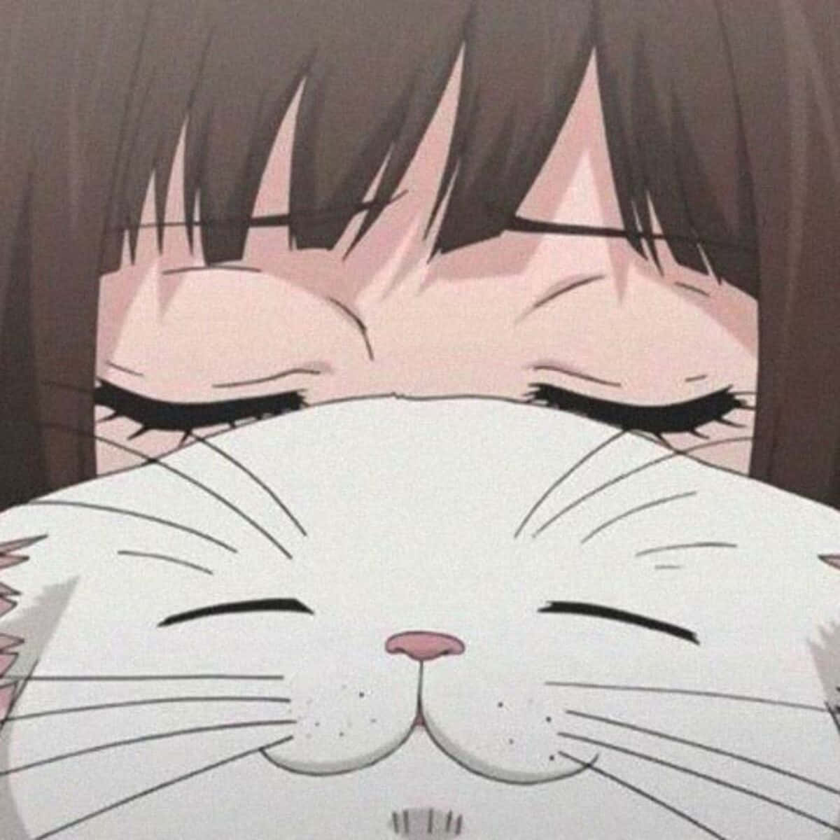anime girl, brown hair, white cat, SD Desktop Wallpaper