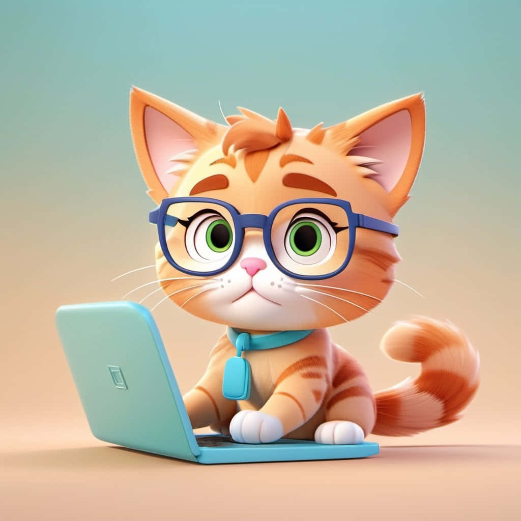 orange tabby kitten, blue glasses, light blue laptop, SD Desktop Wallpaper