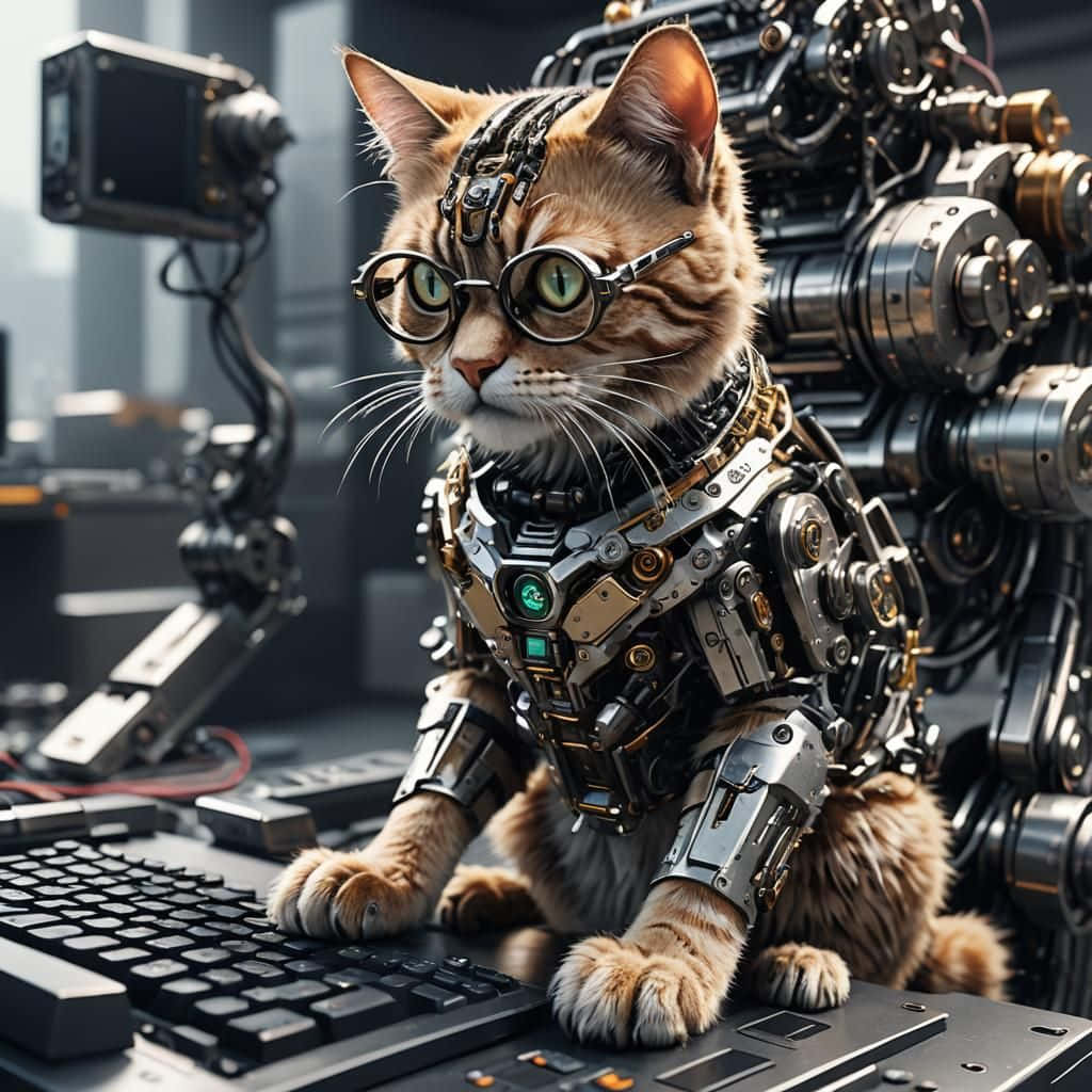 cybernetic cat, tabby cat, keyboard, SD Desktop Wallpaper
