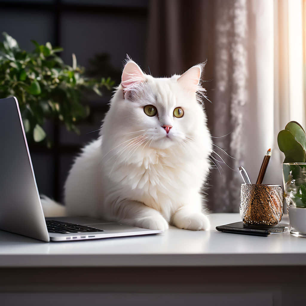 white cat, green eyes, white desk, SD Desktop Wallpaper