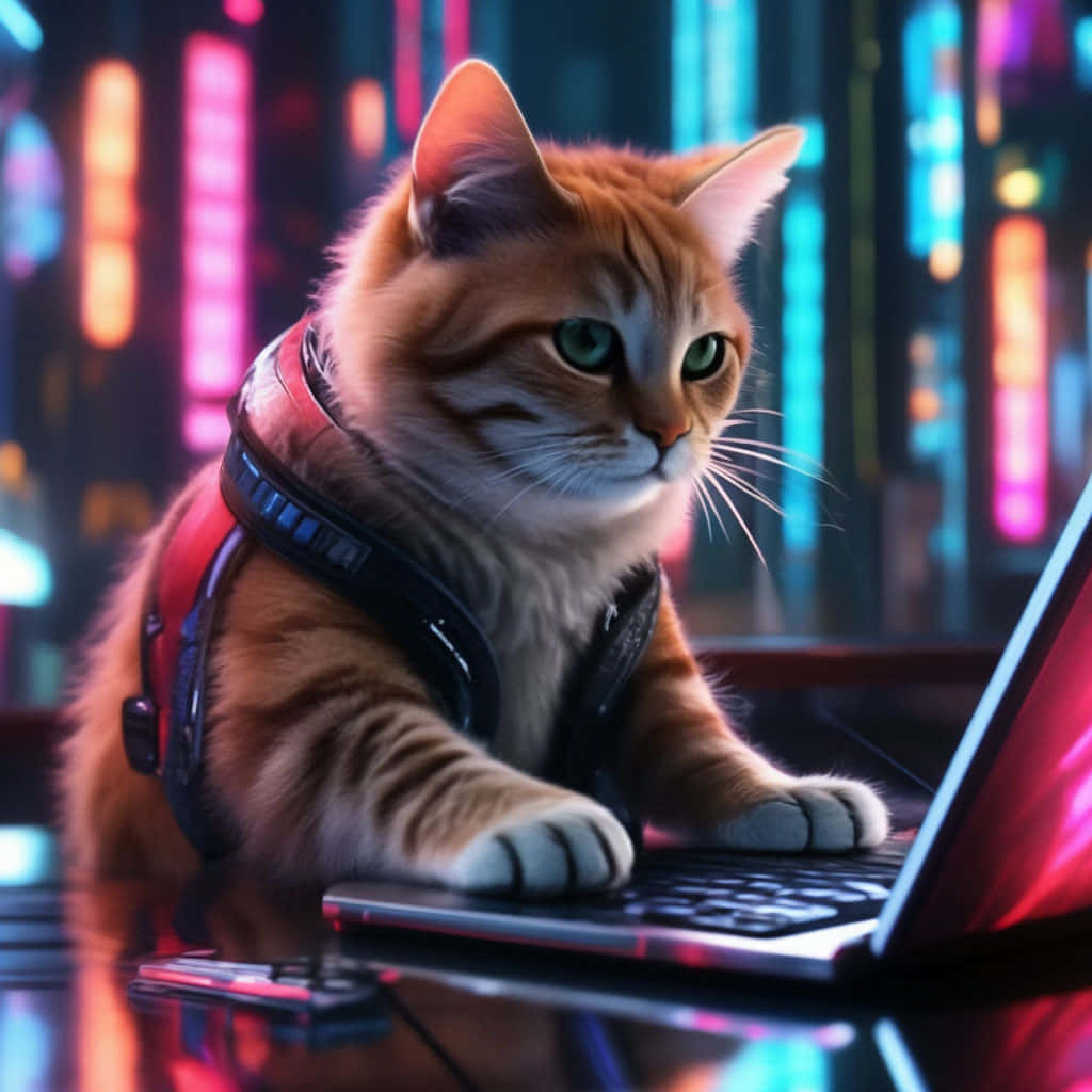 cyberpunk cityscape, ginger cat, red harness, SD Desktop Wallpaper