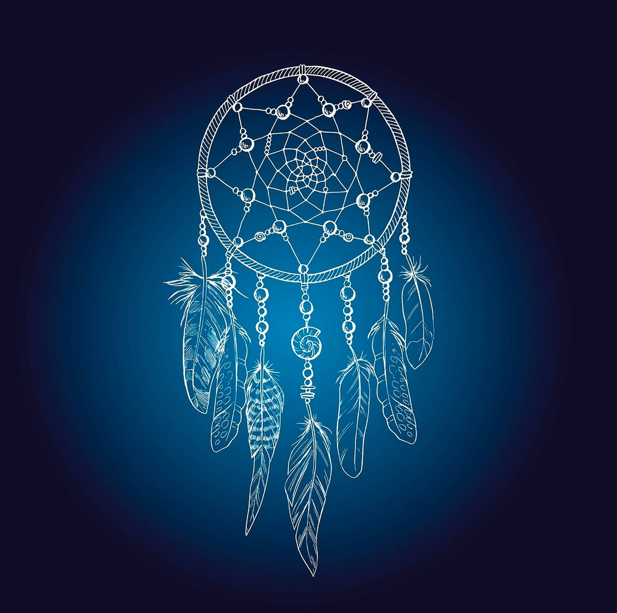 blue minimalist dream catcher art, white line-drawn dreamcatcher, feathers, Full HD Desktop Wallpaper