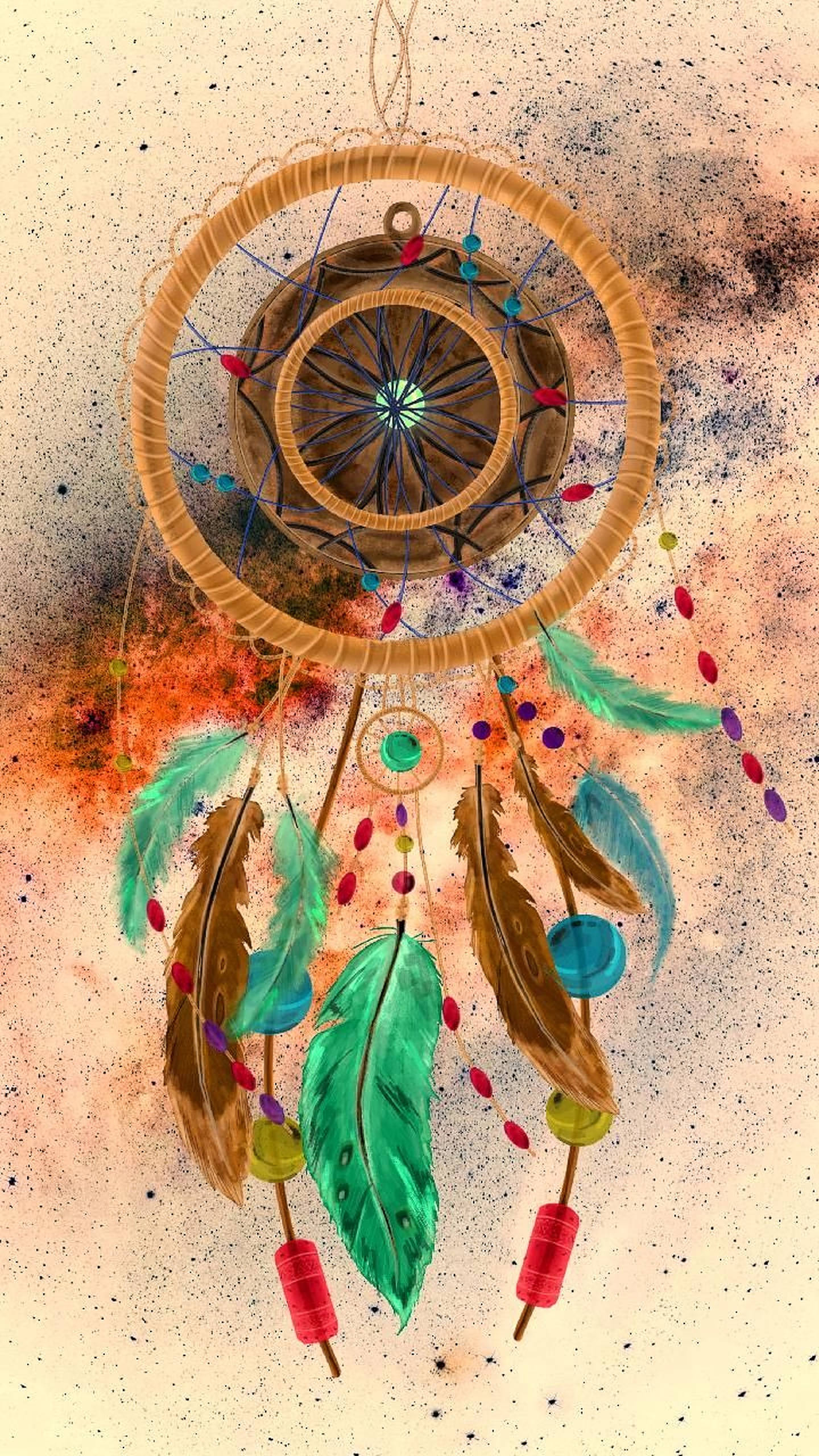 vintage dream catcher, colorful feathers, beads, 2K Phone Wallpaper
