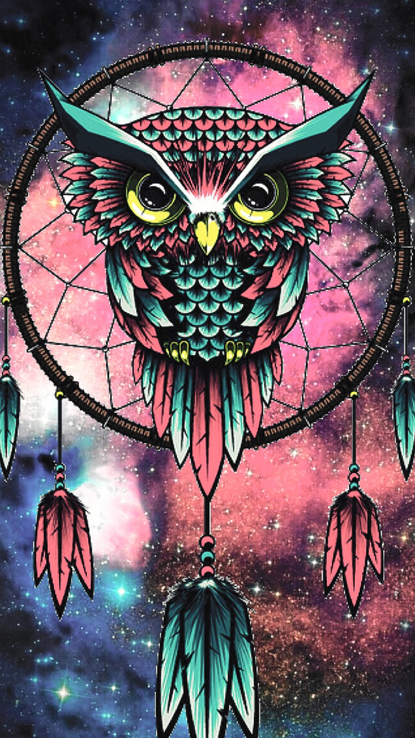 Galaxy Owl Dream Catcher, teal, pink, 2K Phone Wallpaper