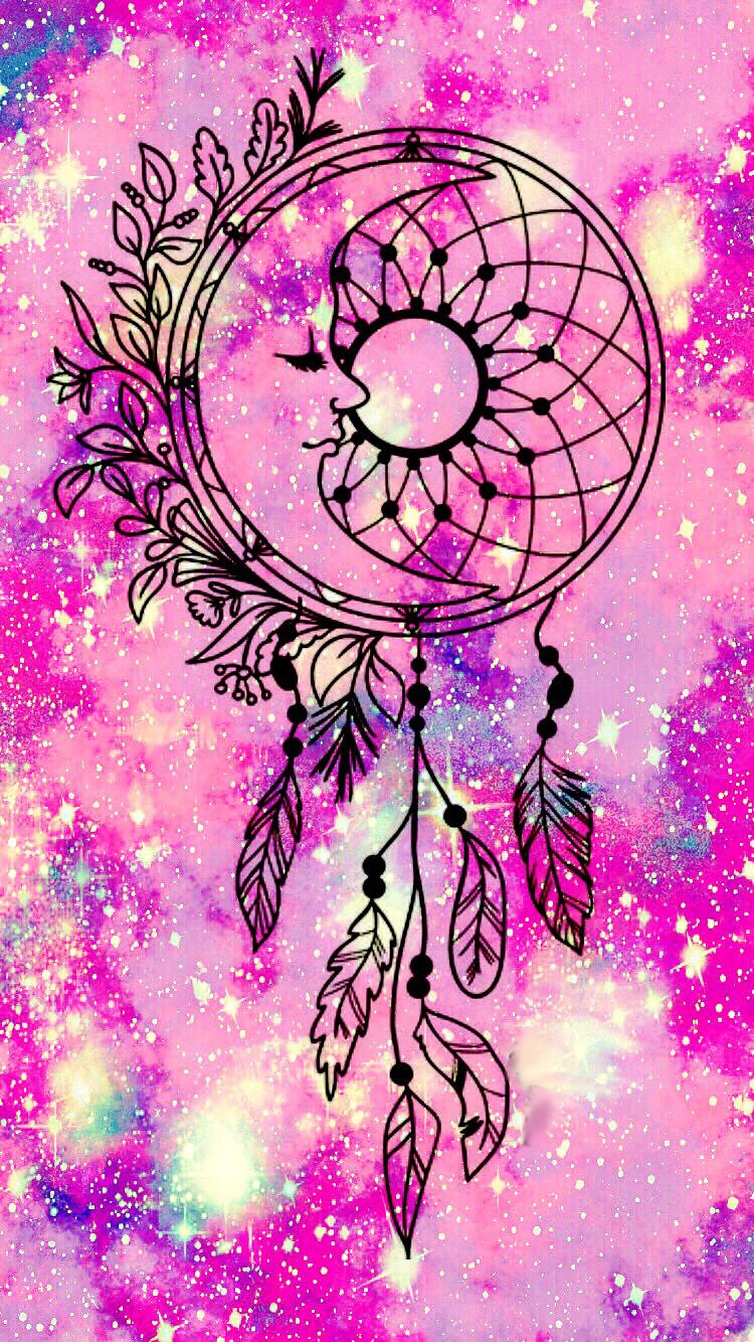 Pink Moon Dream Catcher, black line-art, feathers, 2K Phone Wallpaper