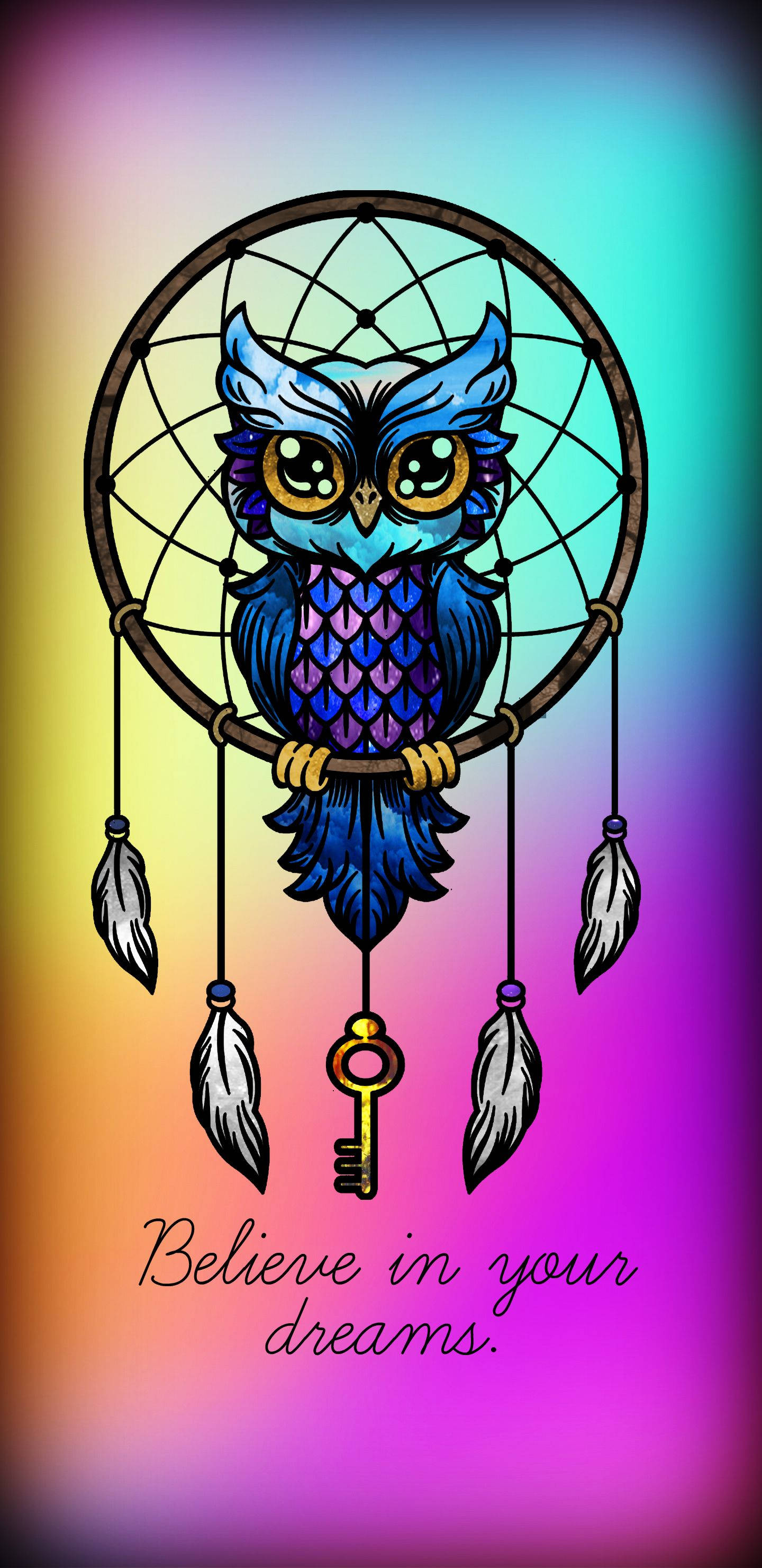 dream catcher, vibrant blue owl, rainbow gradient background, 2K Phone Wallpaper