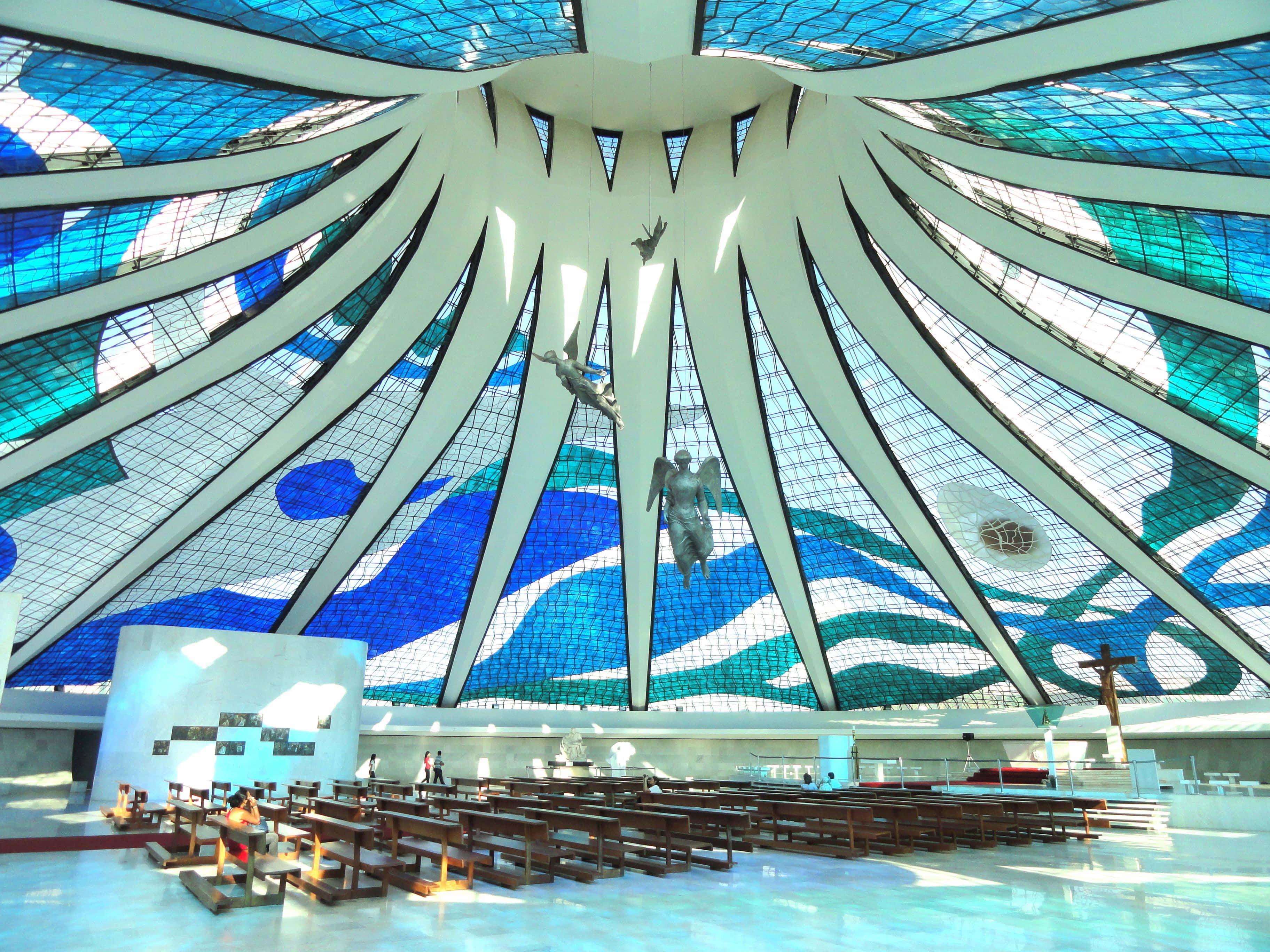 Cathedral Of Brasilia, white ribbed dome, vibrant blue stained glass ceiling, 2K Desktop Wallpaper