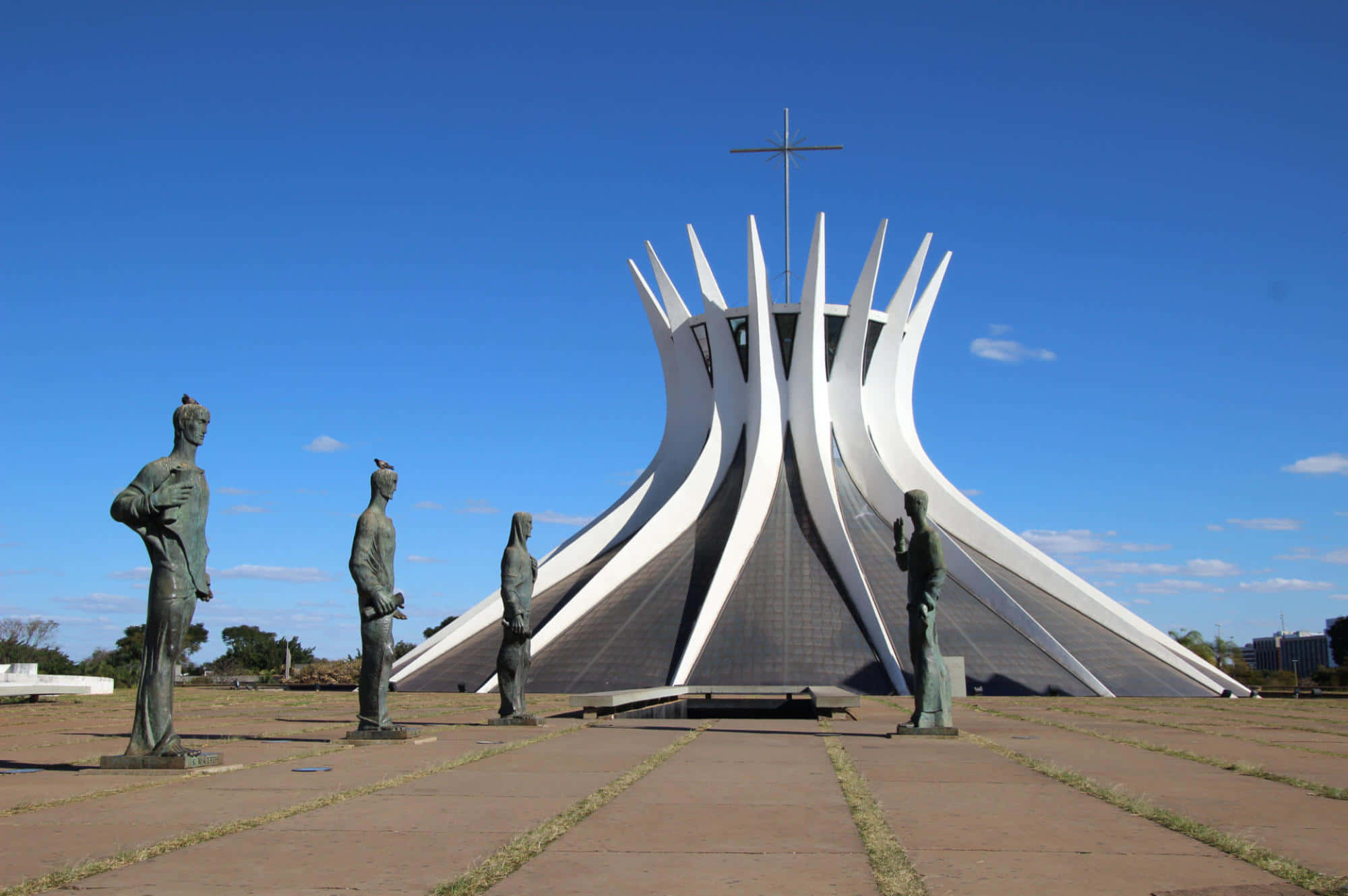 Cathedral Of Brasilia, white concrete spires, bronze statues, Full HD Desktop Wallpaper