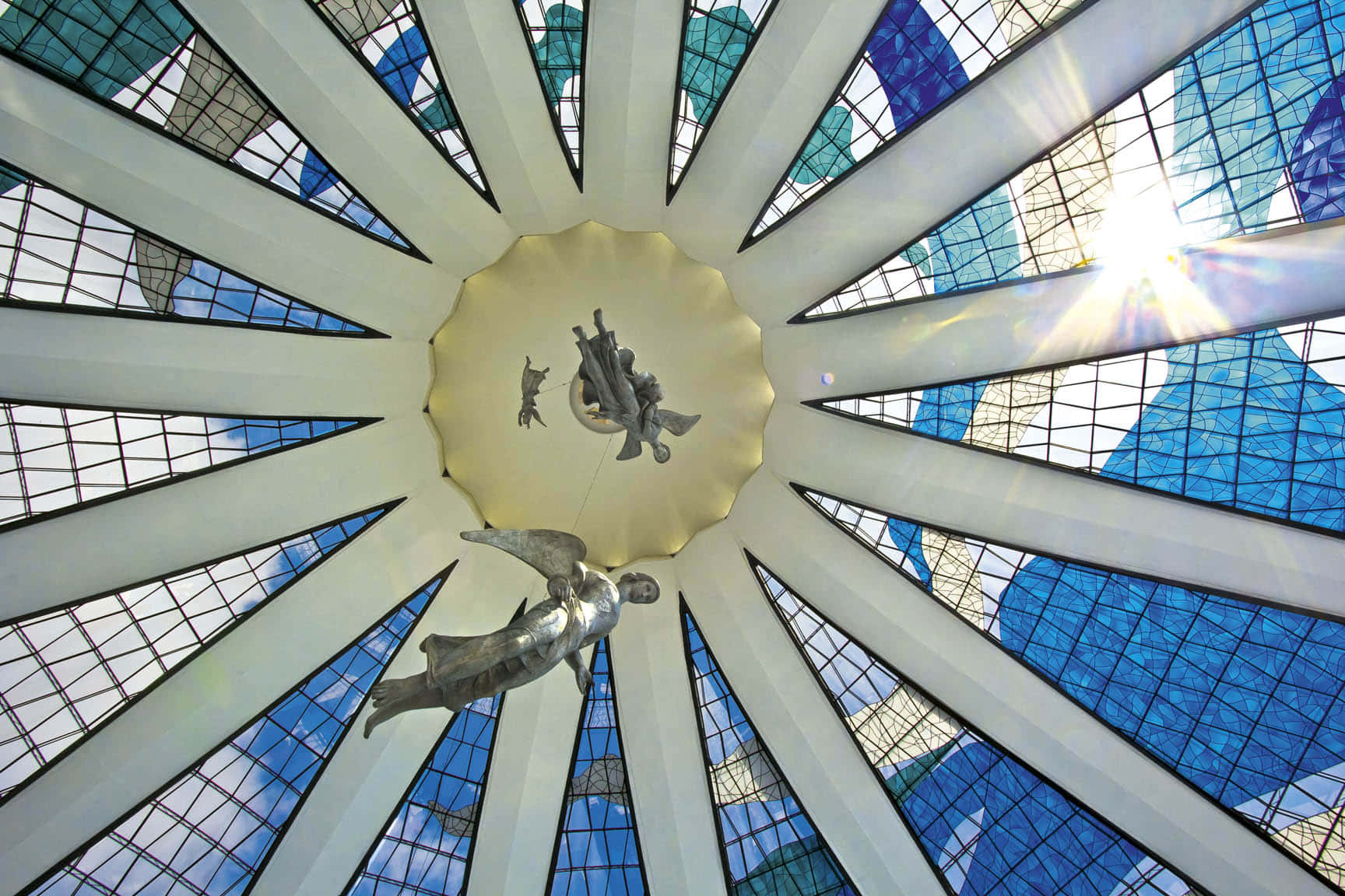 Cathedral Of Brasilia, blue stained glass dome, silver angel sculptures, HD Desktop Wallpaper