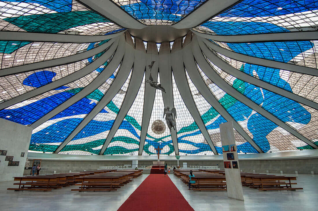 Cathedral Of Brasilia, stained glass dome, blue and green waves, SD Desktop Wallpaper