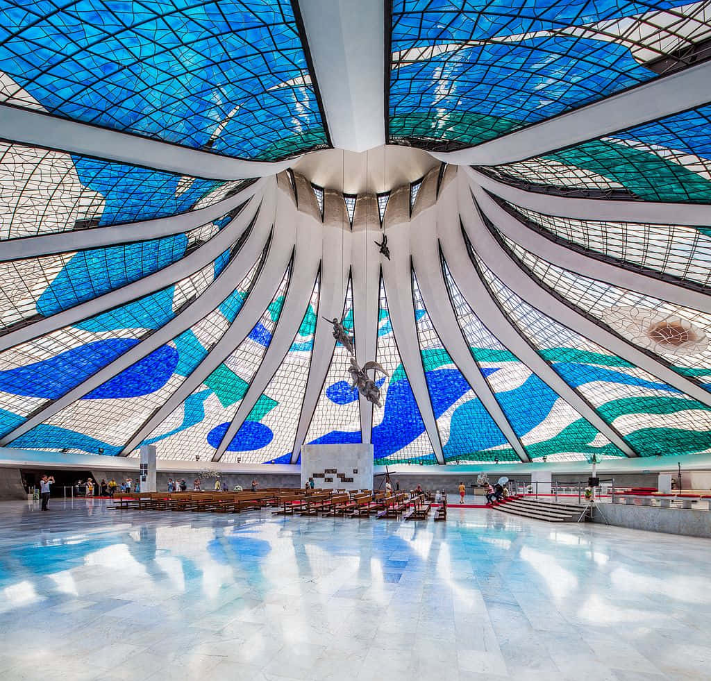 Cathedral Of Brasilia, soaring stained glass dome, blue and green waves, SD Desktop Wallpaper