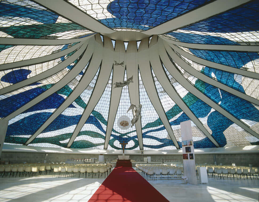 Cathedral Of Brasilia, blue stained glass dome, white ribs, SD Desktop Wallpaper