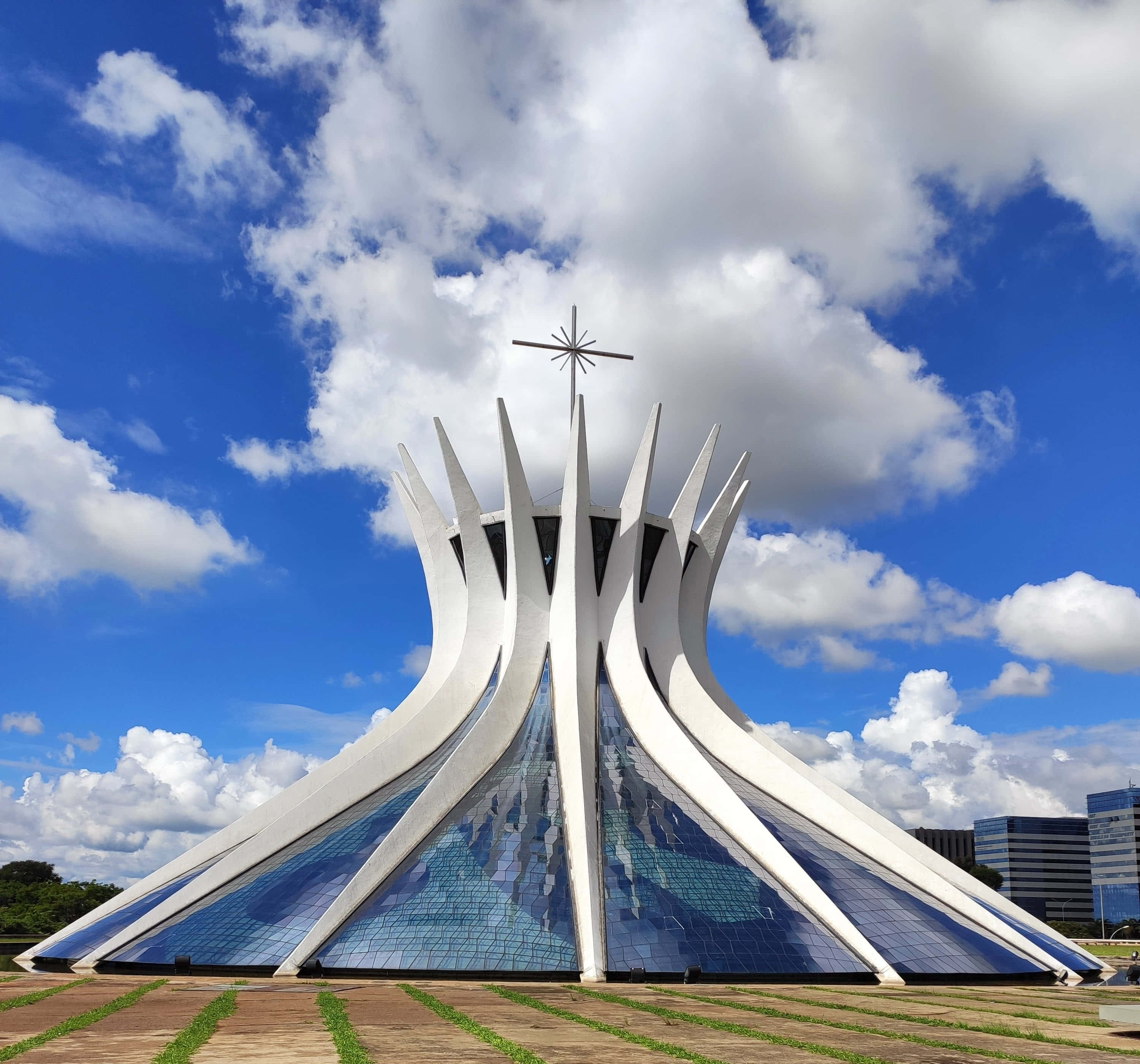 Cathedral Of Brasilia, white concrete, glass panels, 2K Desktop Wallpaper