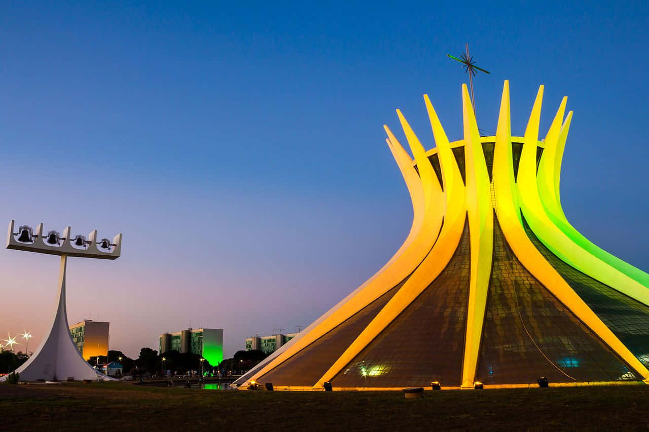 Cathedral Of Brasilia, yellow lights, twilight sky, HD Desktop Wallpaper