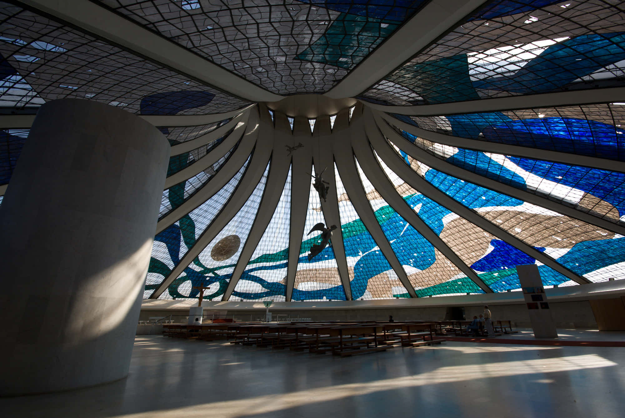 Cathedral Of Brasilia, stained glass dome, blue and green stained glass, Full HD Desktop Wallpaper