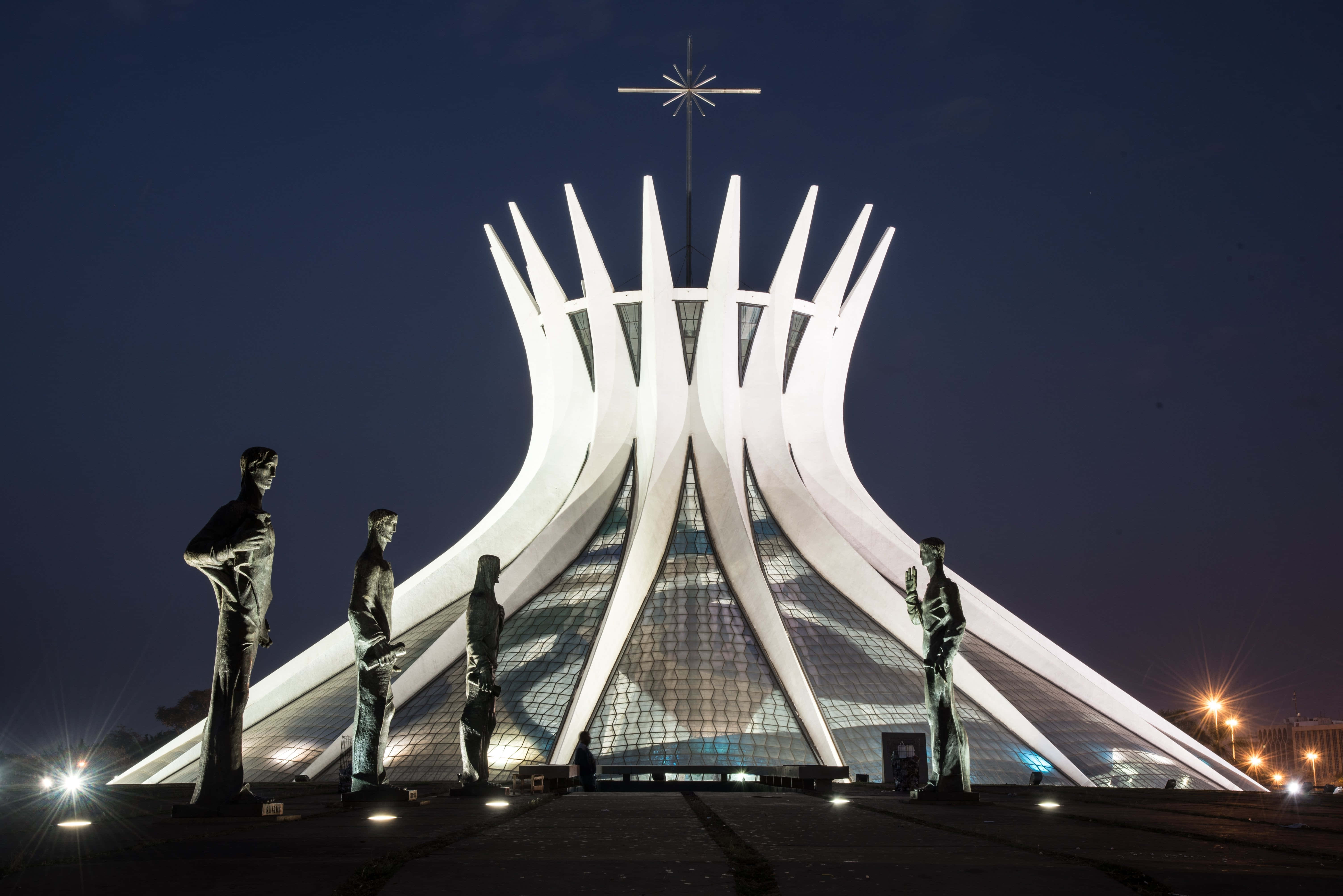Cathedral Of Brasilia, radiant white spires, bronze statues, 5K Desktop Wallpaper